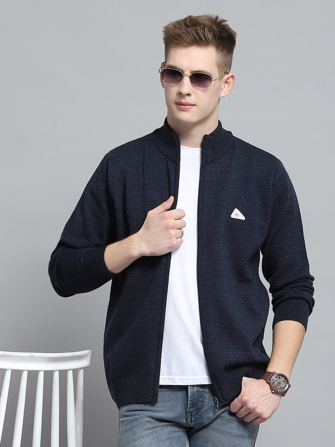 Men Navy Blue Solid V Neck Full Sleeve Pullover