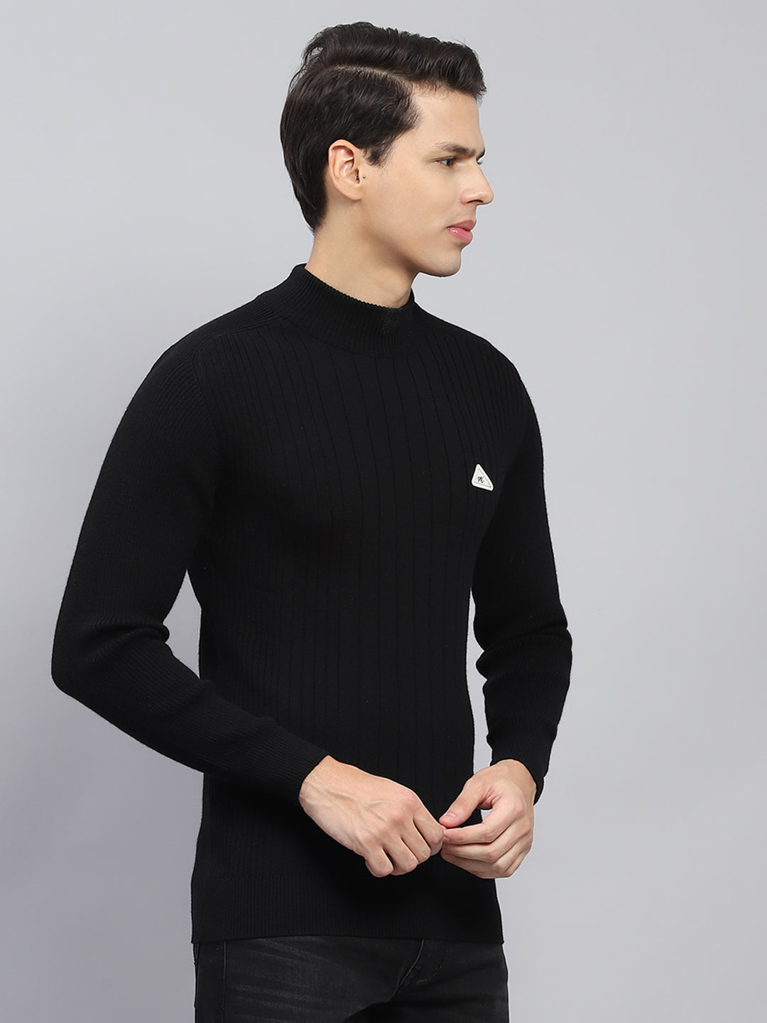 Men Black Solid High Neck Full Sleeve Pullover