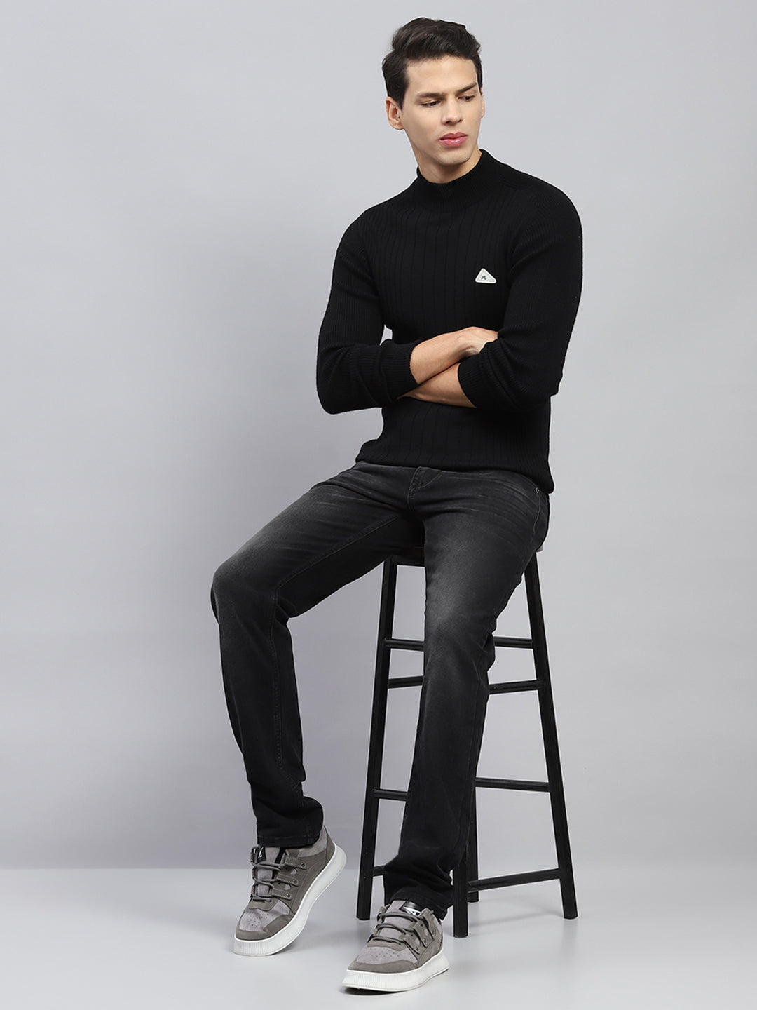 Men Black Solid High Neck Full Sleeve Pullover