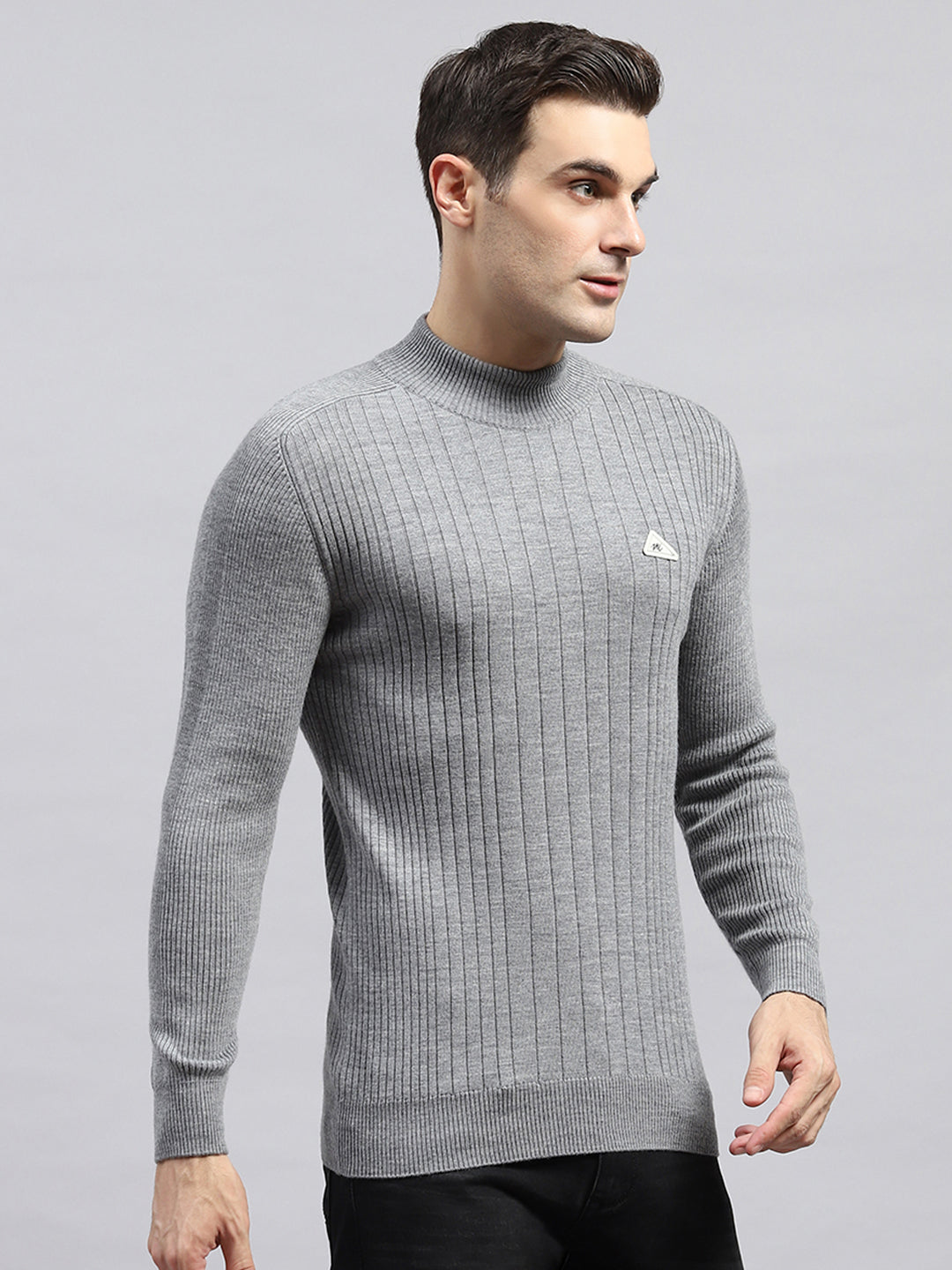 Men Grey Solid High Neck Full Sleeve Pullover