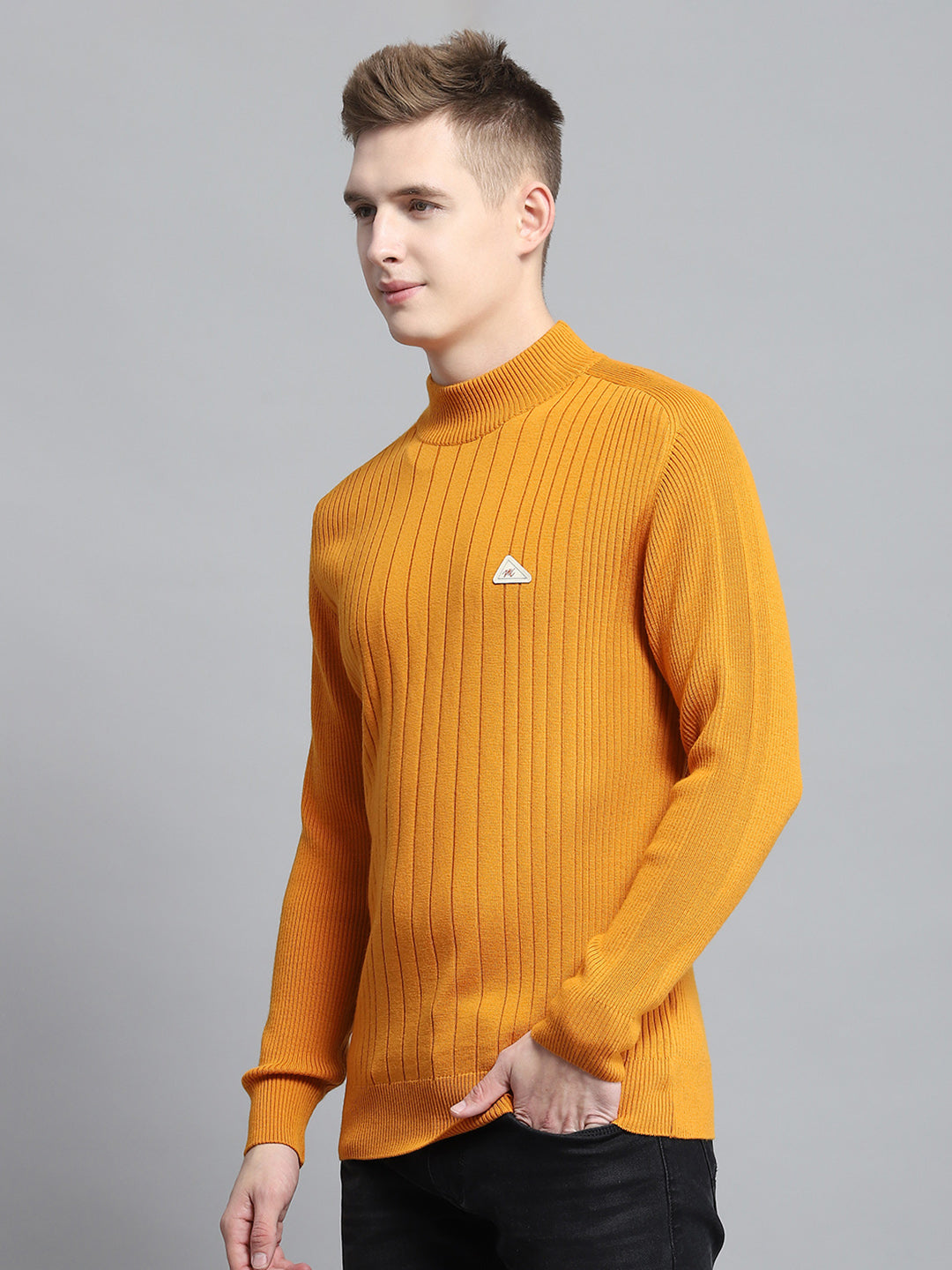 Men Mustard Solid Mock Neck Full Sleeve Pullover