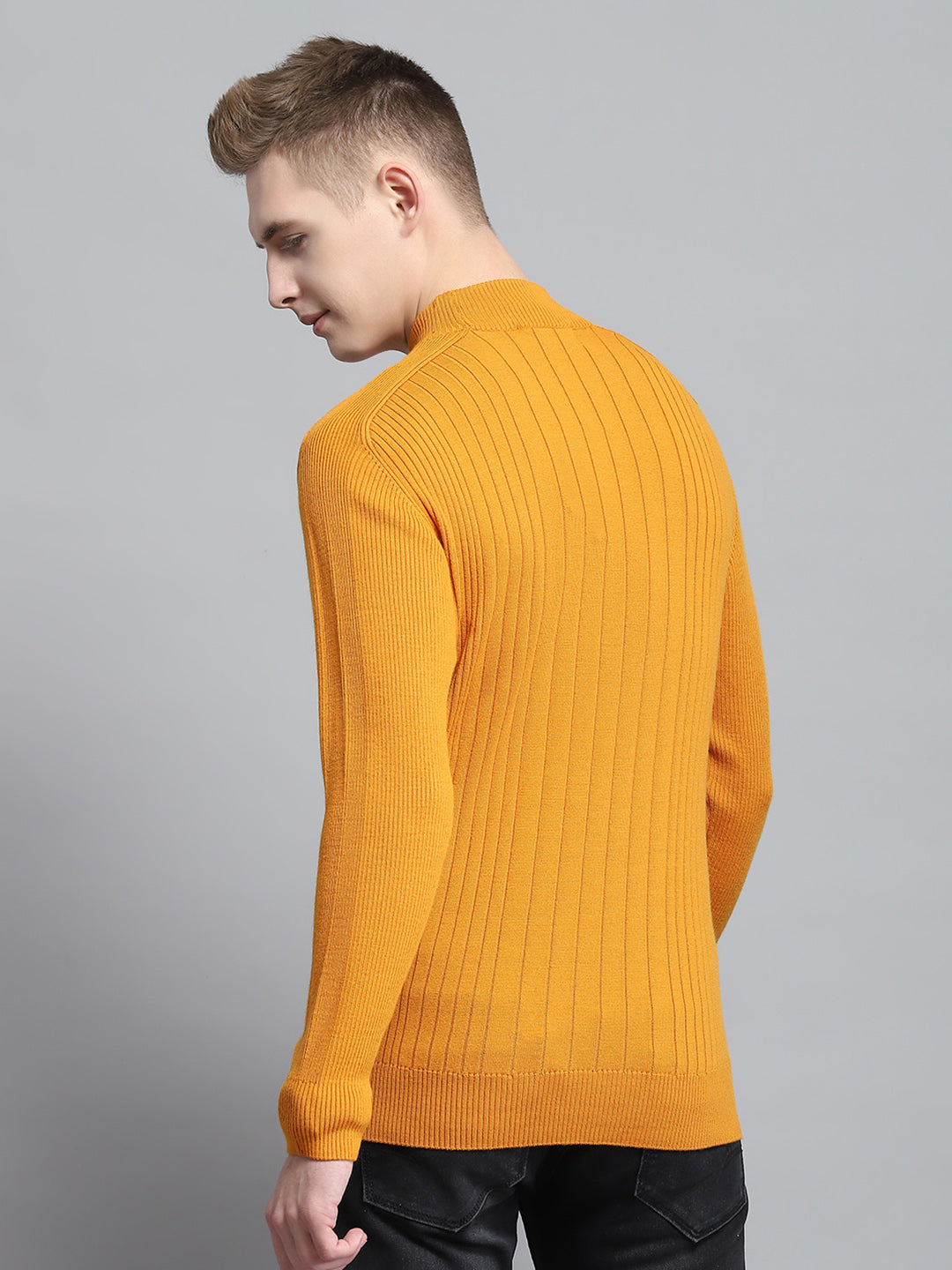Men Mustard Solid Mock Neck Full Sleeve Pullover
