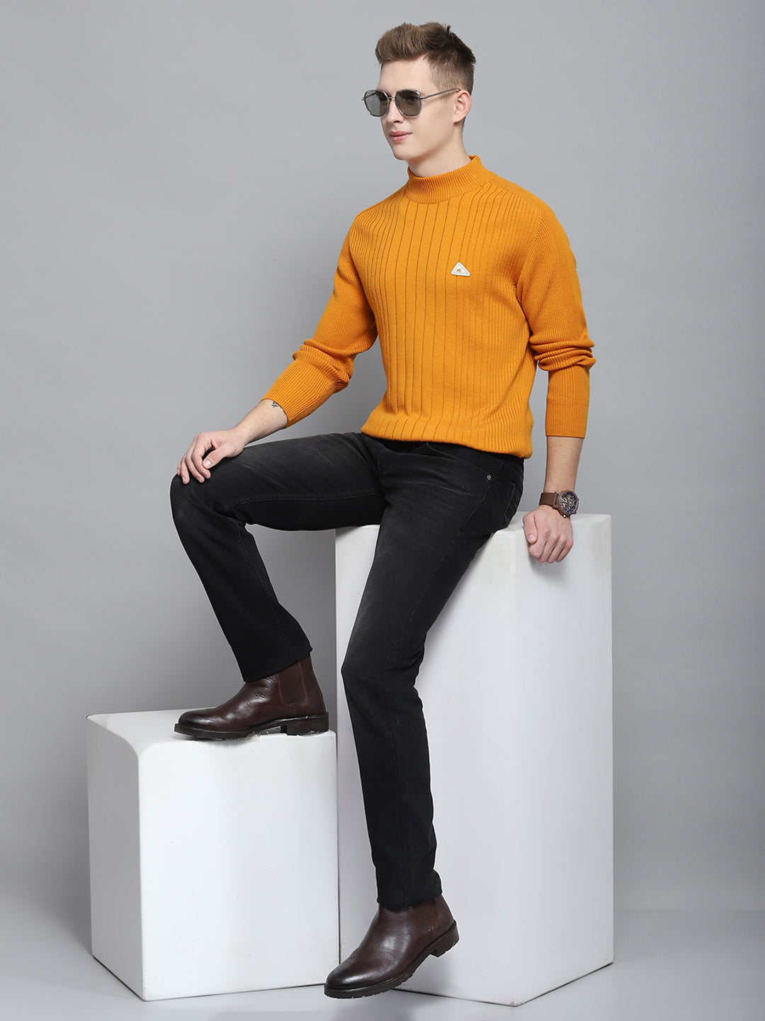 Men Mustard Solid Mock Neck Full Sleeve Pullover