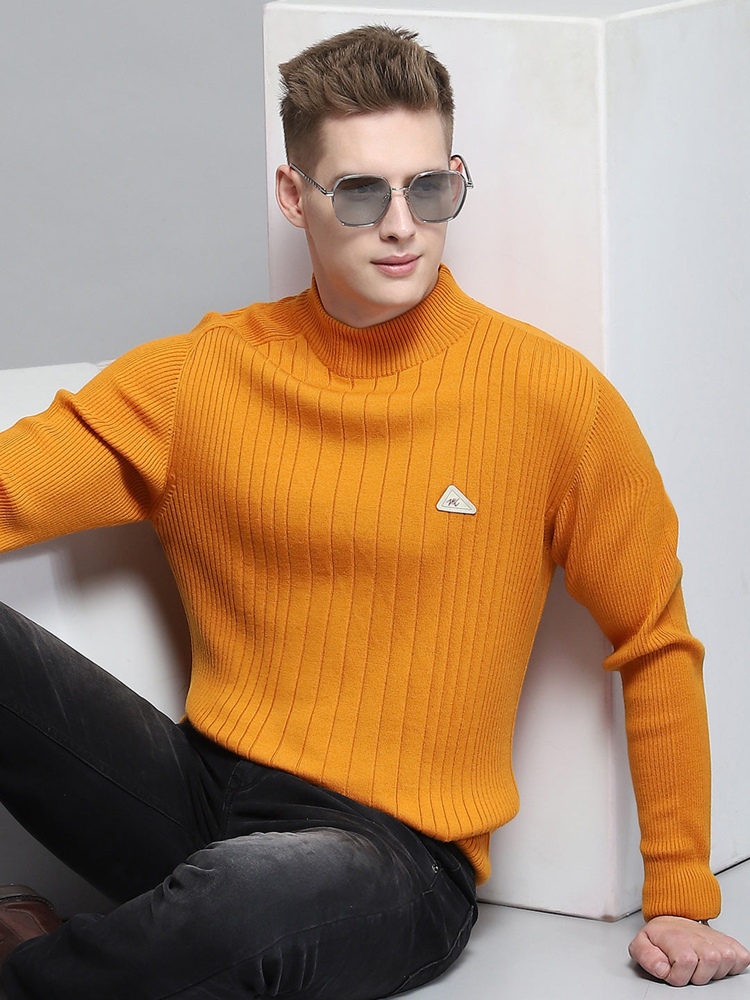 Men Mustard Solid Mock Neck Full Sleeve Pullover