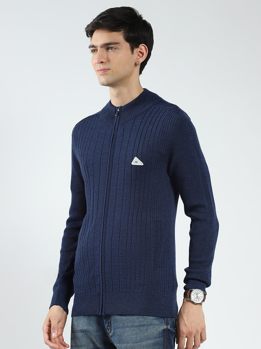 Men Navy Blue Solid Band Neck Full Sleeve Pullover