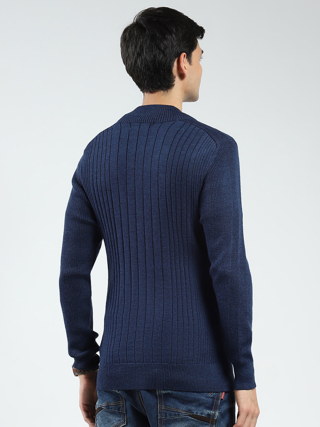 Men Navy Blue Solid Band Neck Full Sleeve Pullover