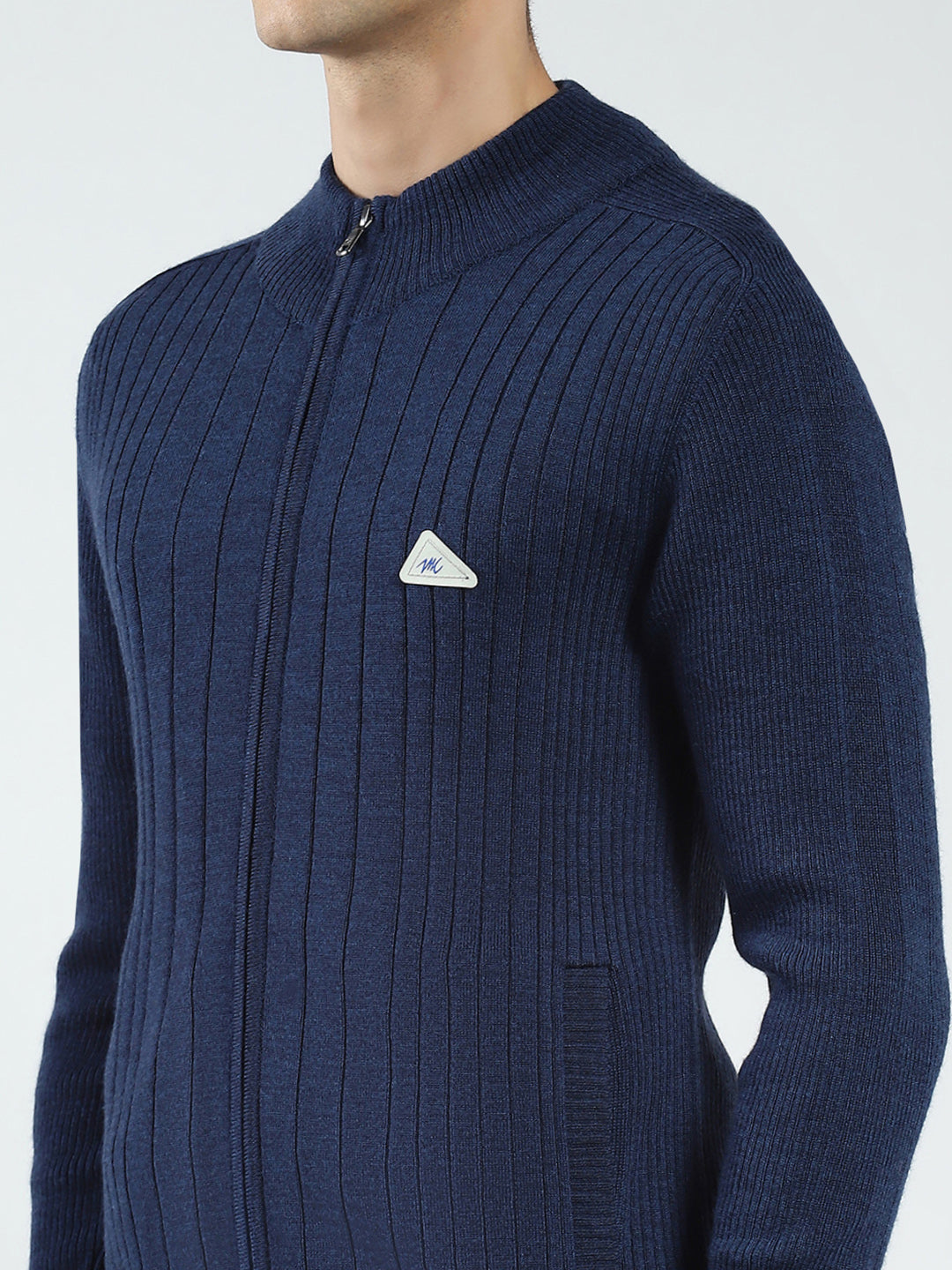 Men Navy Blue Solid Band Neck Full Sleeve Pullover