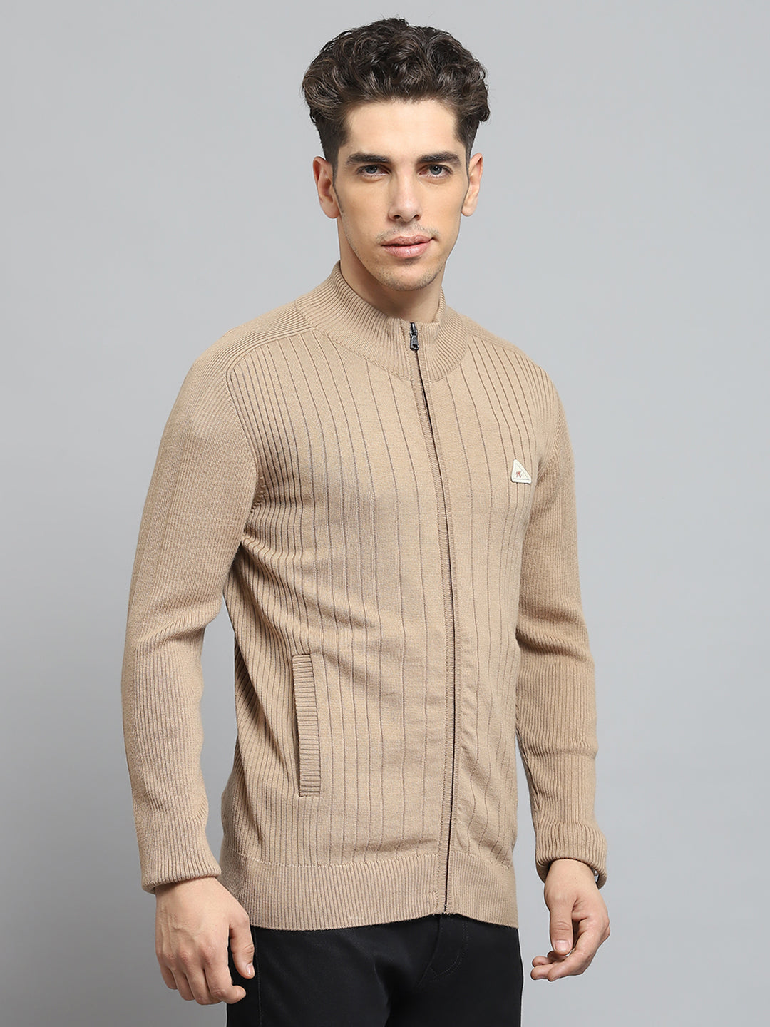 Men Camel Brown Solid Mock Neck Full Sleeve Pullover