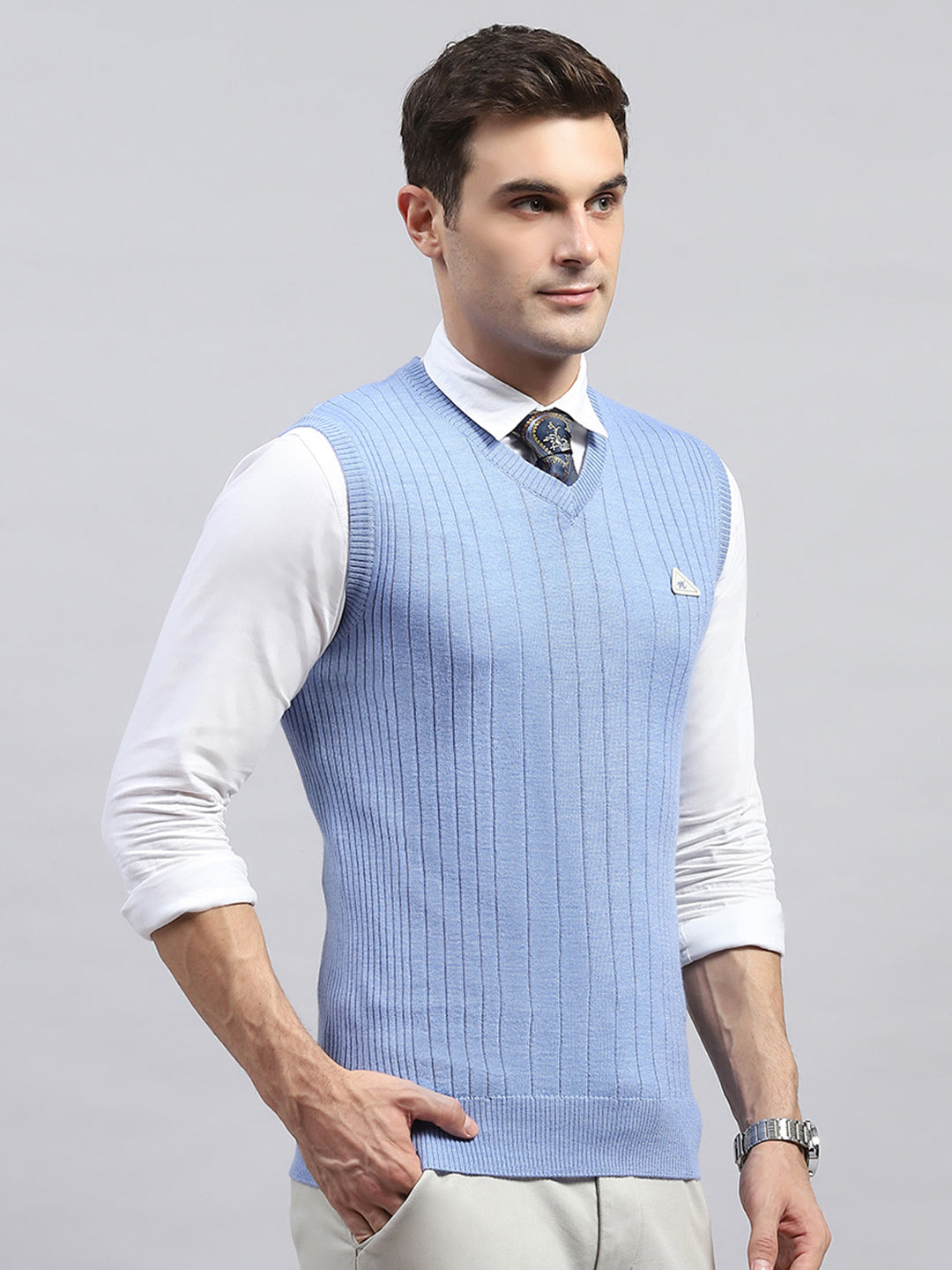 Men Sky Blue Solid V Neck Sleeveless Sweater