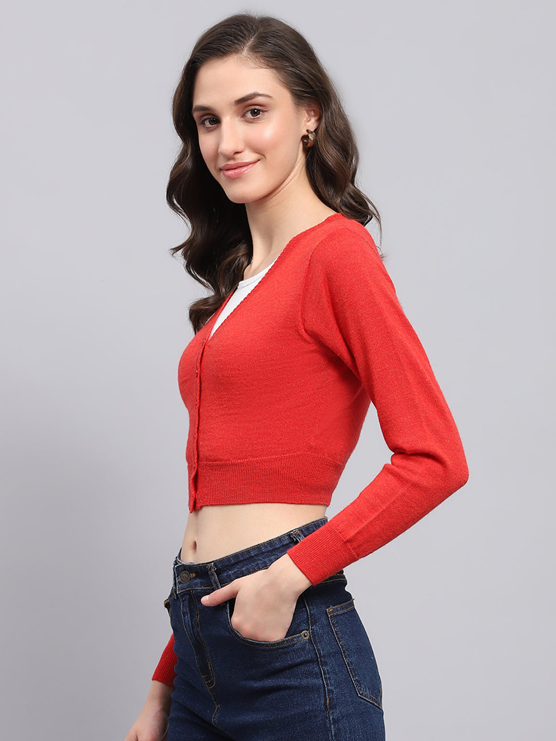 Women Red Solid V Neck Full Sleeve Blouse
