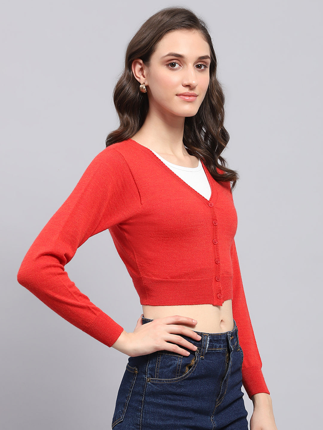 Women Red Solid V Neck Full Sleeve Blouse