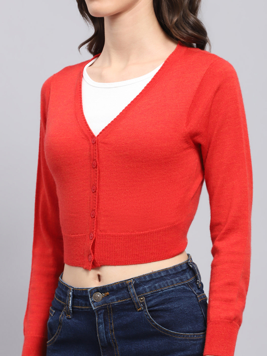 Women Red Solid V Neck Full Sleeve Blouse