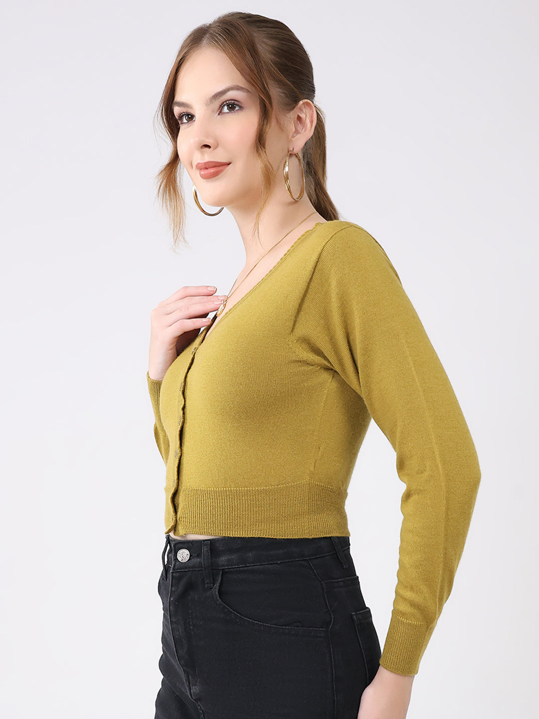 Women Mustard Solid V Neck Full Sleeve Cardigan