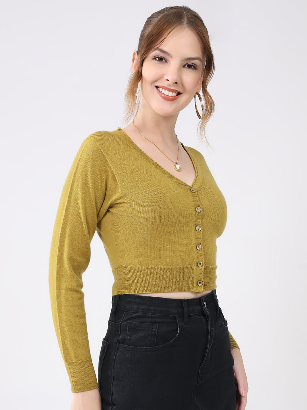 Women Mustard Solid V Neck Full Sleeve Cardigan