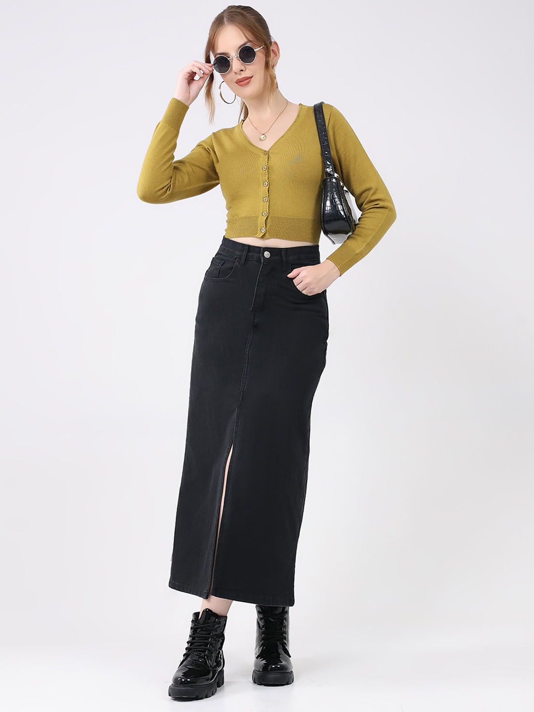 Women Mustard Solid V Neck Full Sleeve Cardigan