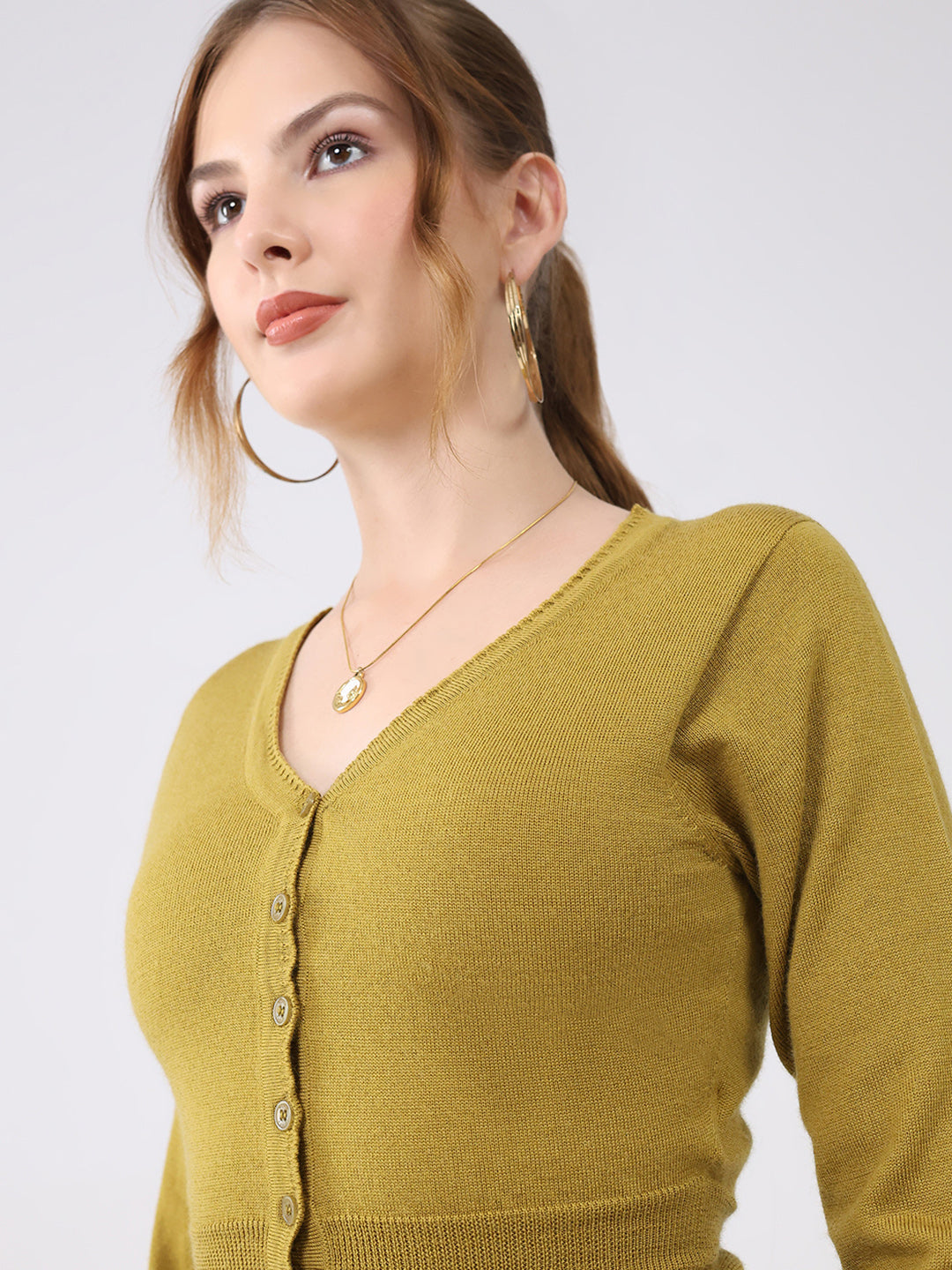 Women Mustard Solid V Neck Full Sleeve Cardigan