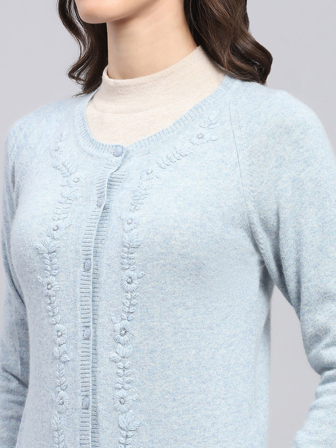 Women Sky Blue Solid Round Neck Full Sleeve Cardigan