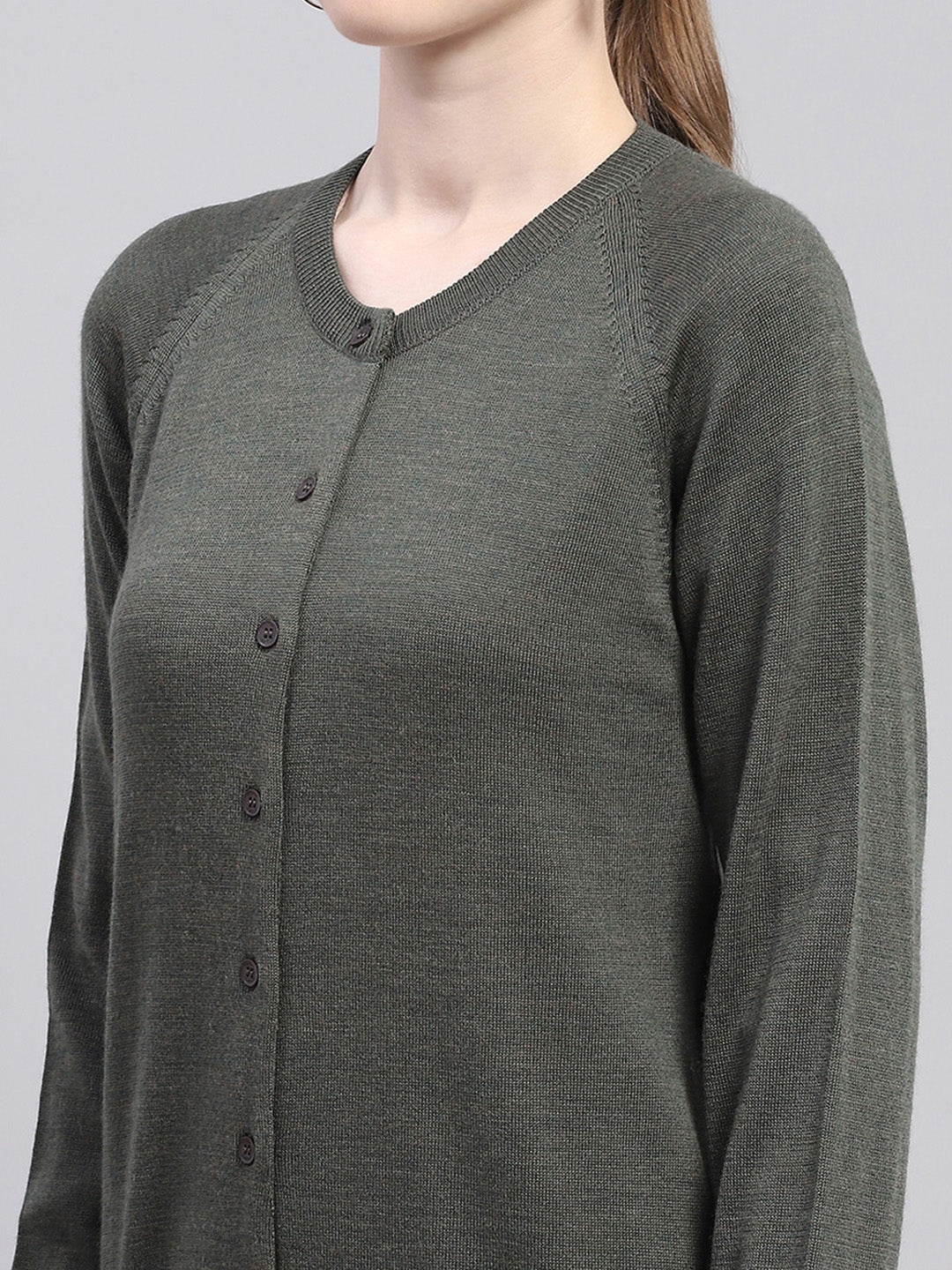 Women Olive Solid Round Neck Full Sleeve Cardigan