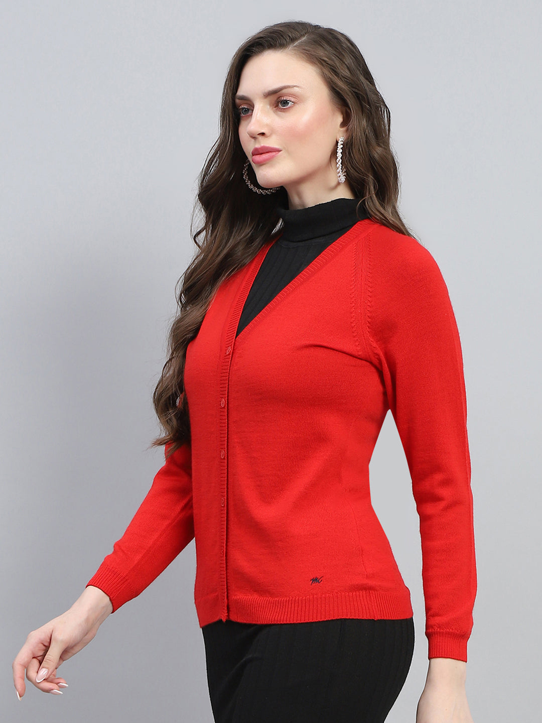 Women Red Solid V Neck Full Sleeve Cardigan