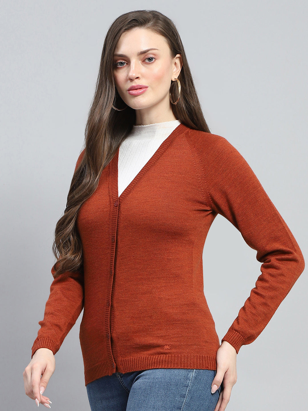 Women Rust Solid V Neck Full Sleeve Cardigan