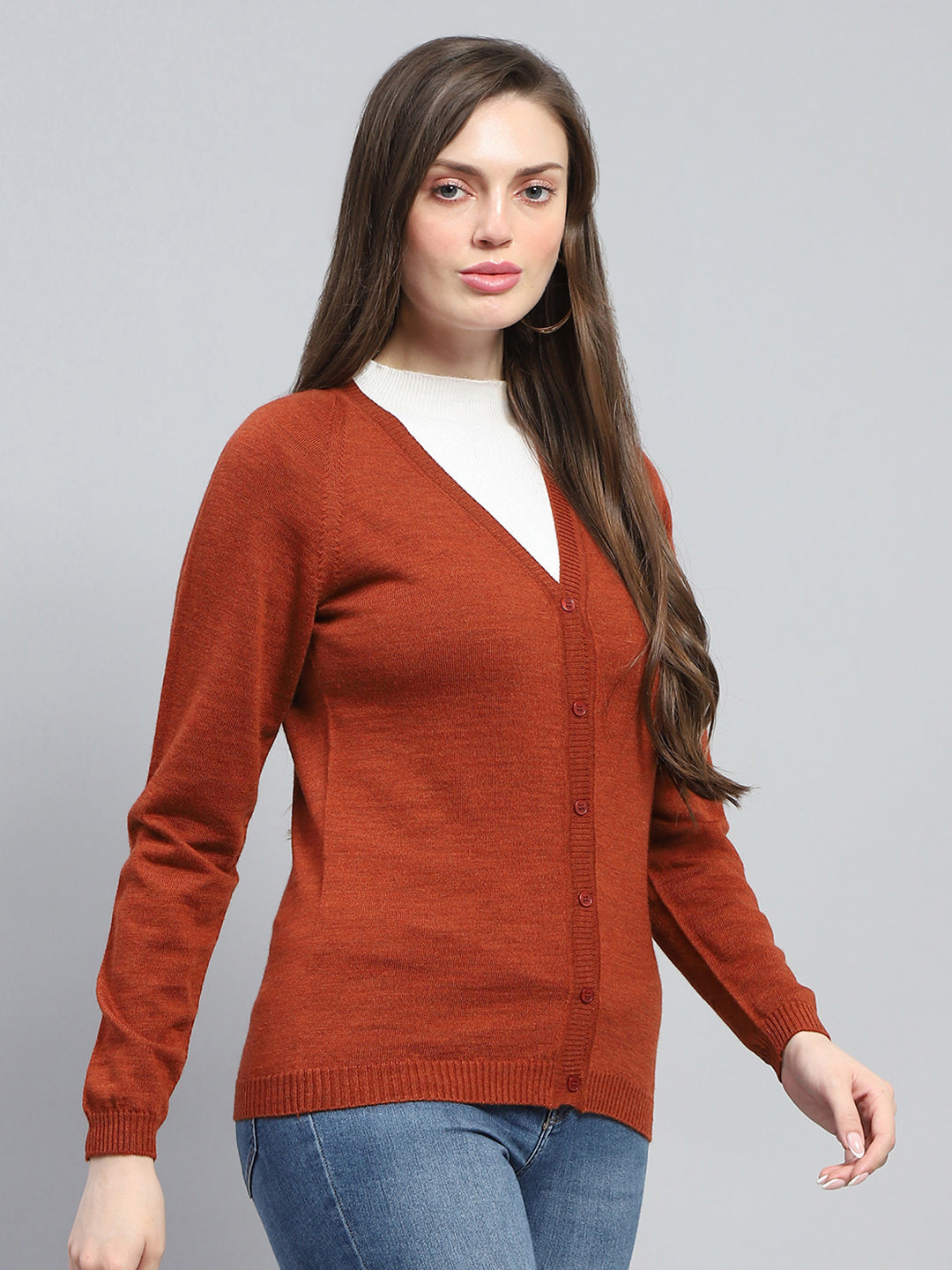 Women Rust Solid V Neck Full Sleeve Cardigan