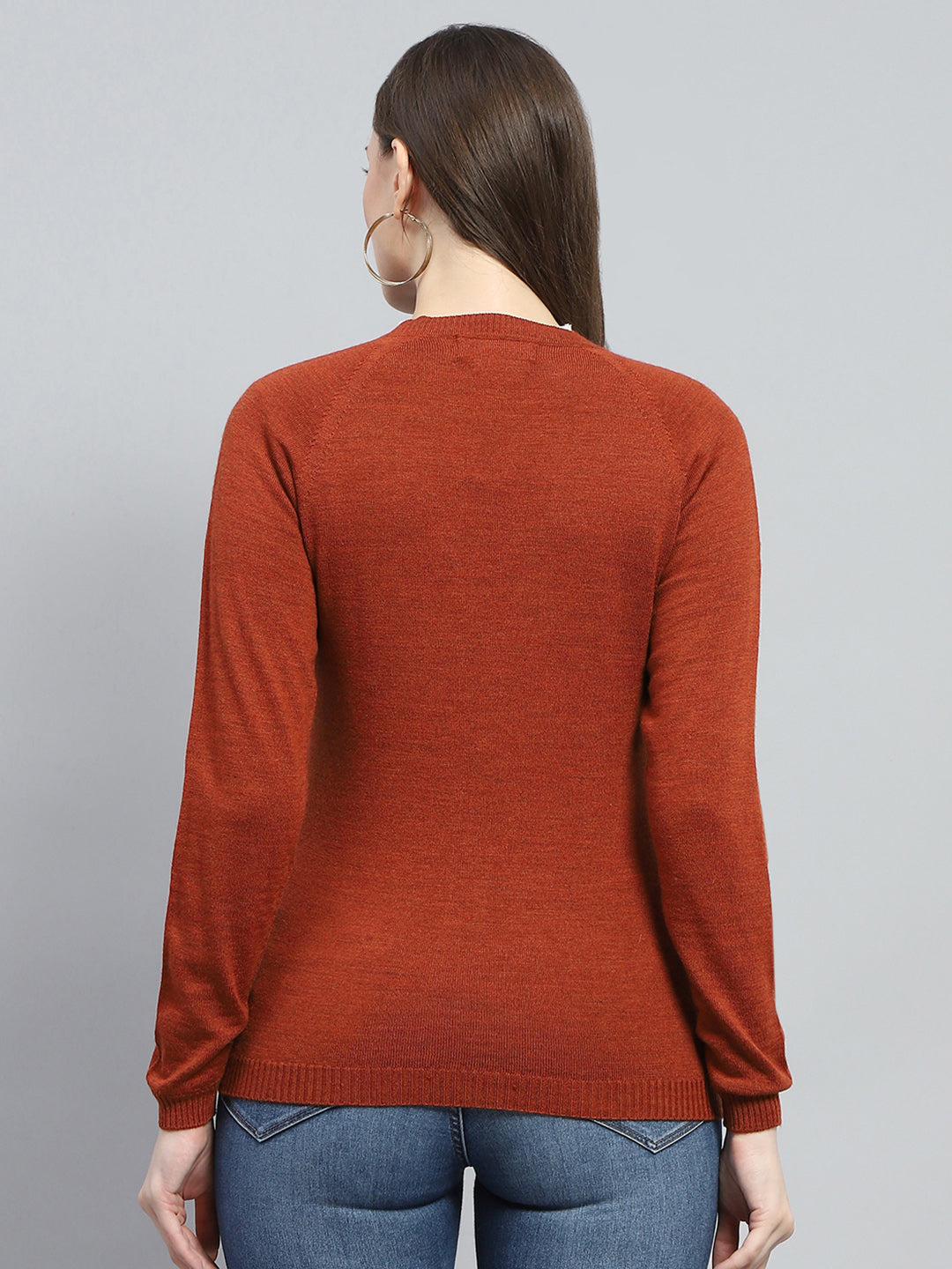 Women Rust Solid V Neck Full Sleeve Cardigan