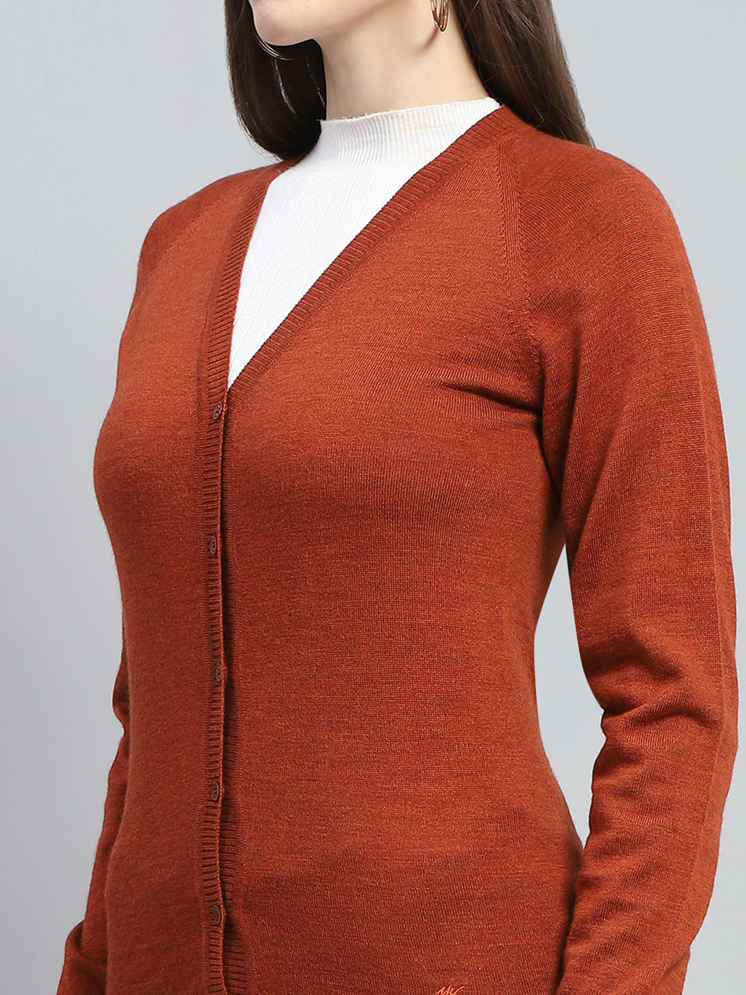 Women Rust Solid V Neck Full Sleeve Cardigan