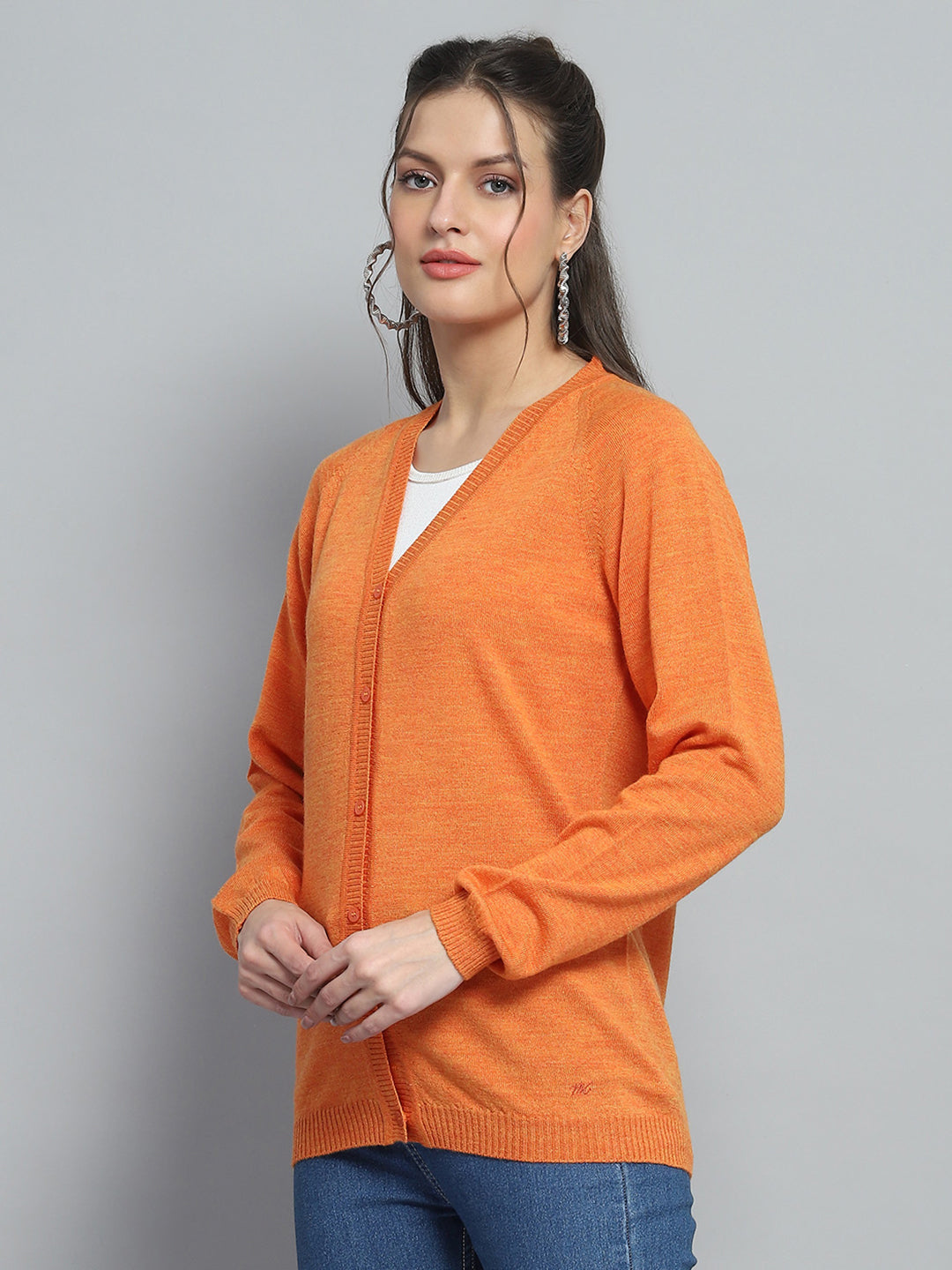 Women Orange Solid V Neck Full Sleeve Cardigan