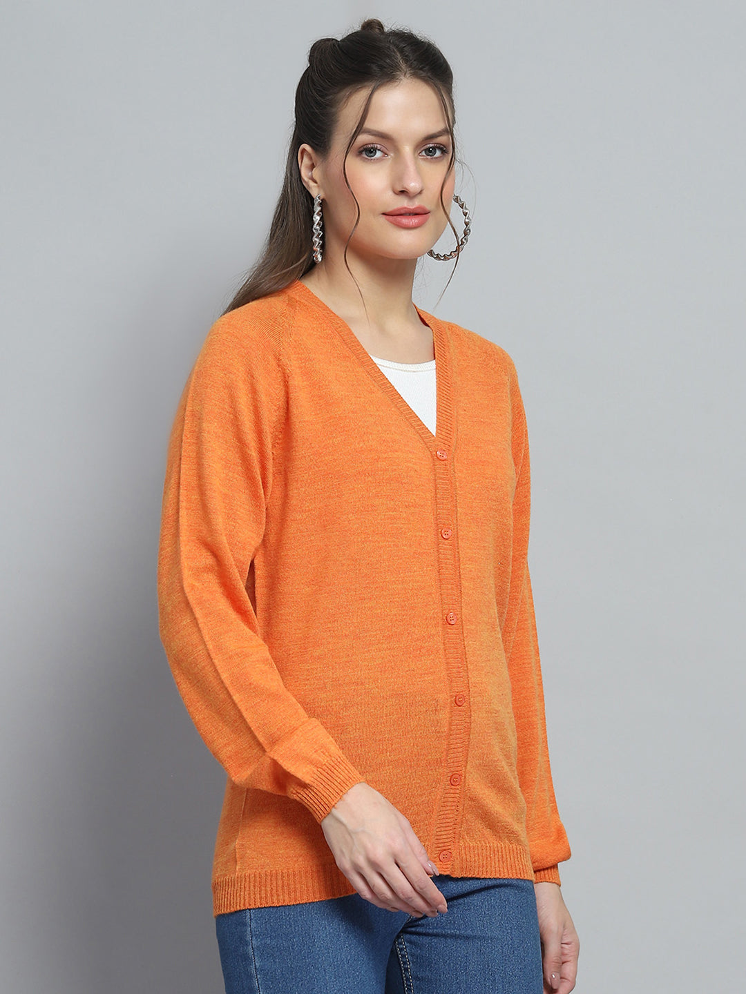 Women Orange Solid V Neck Full Sleeve Cardigan