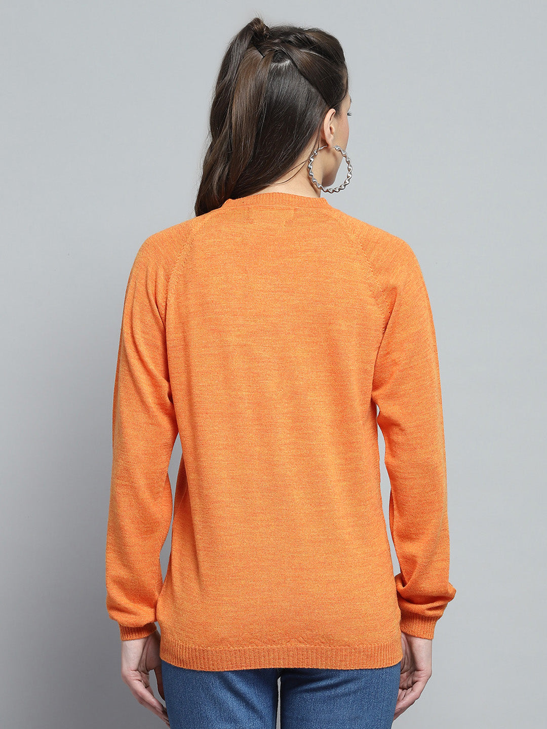 Women Orange Solid V Neck Full Sleeve Cardigan