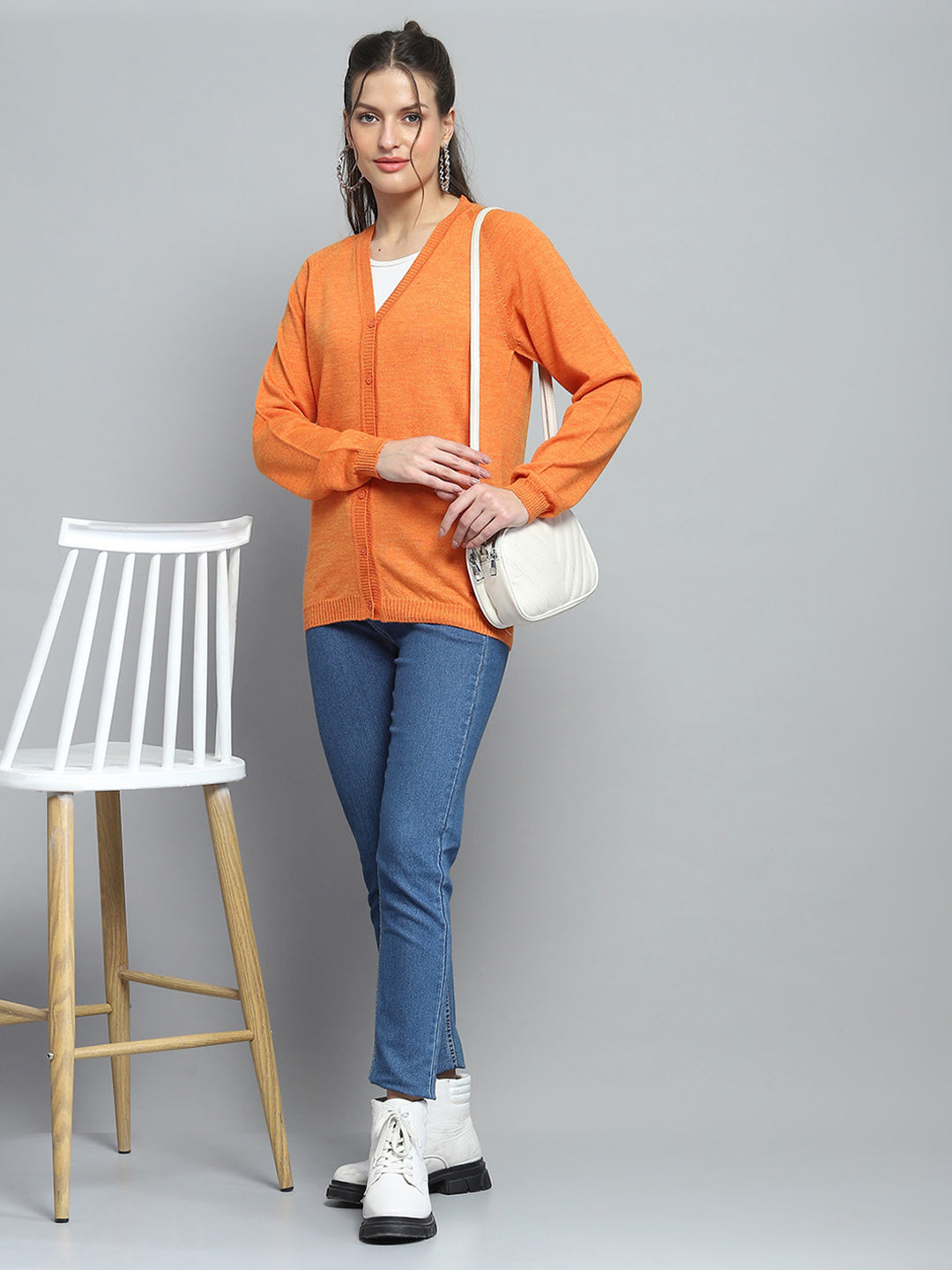 Women Orange Solid V Neck Full Sleeve Cardigan