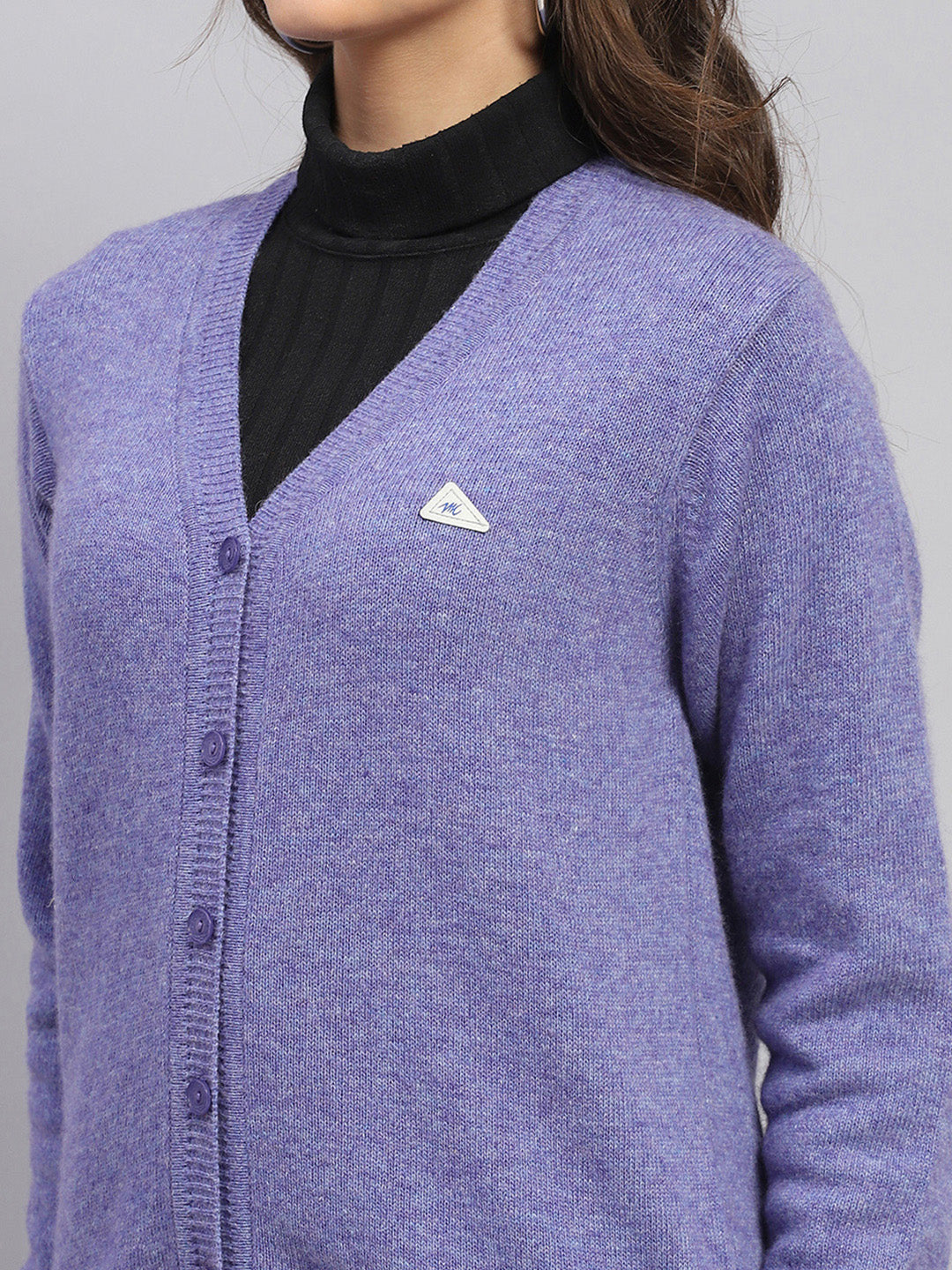 Women Purple Solid V Neck Full Sleeve Cardigan
