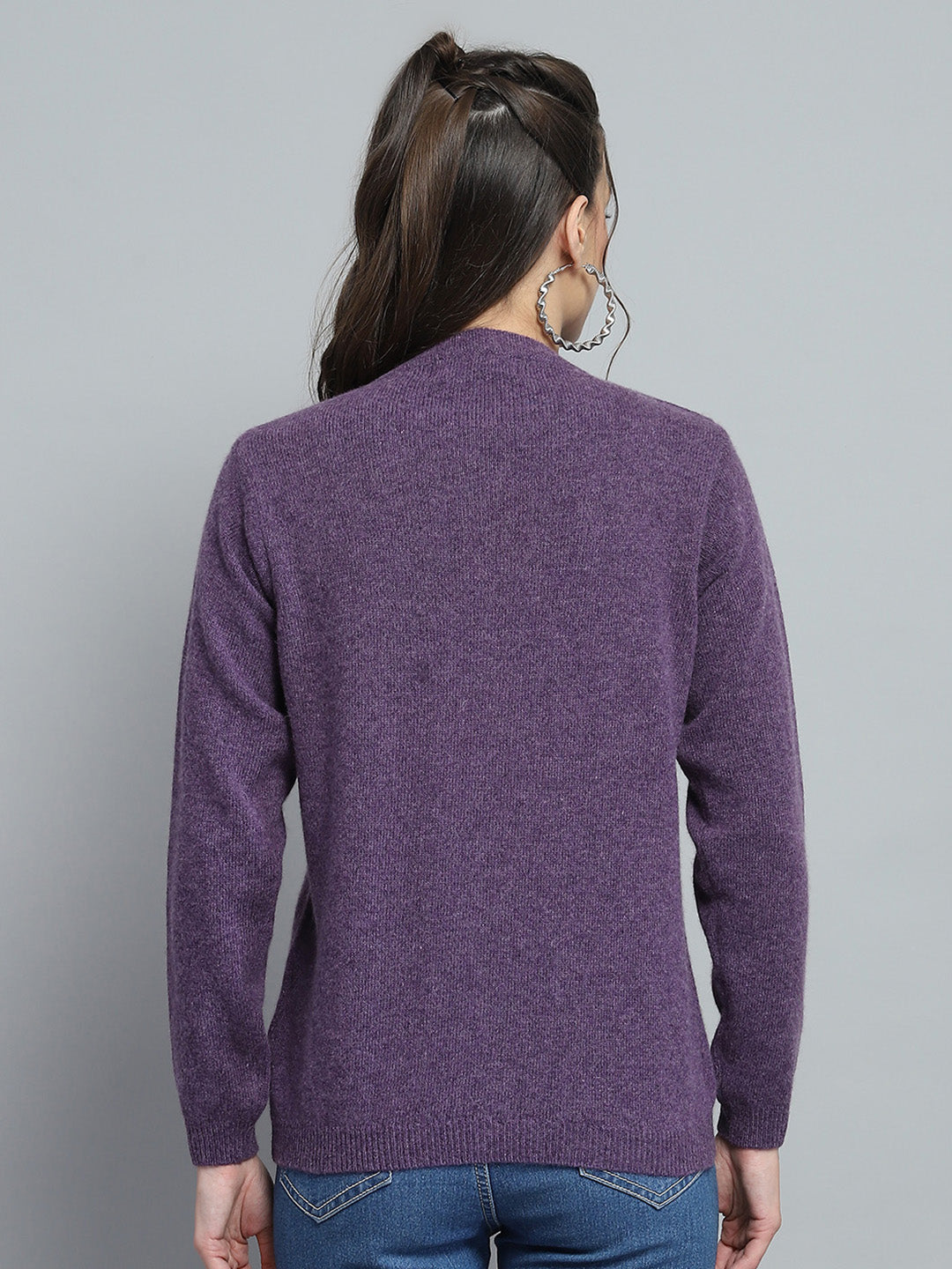 Women Purple Solid Round Neck Full Sleeve Cardigan
