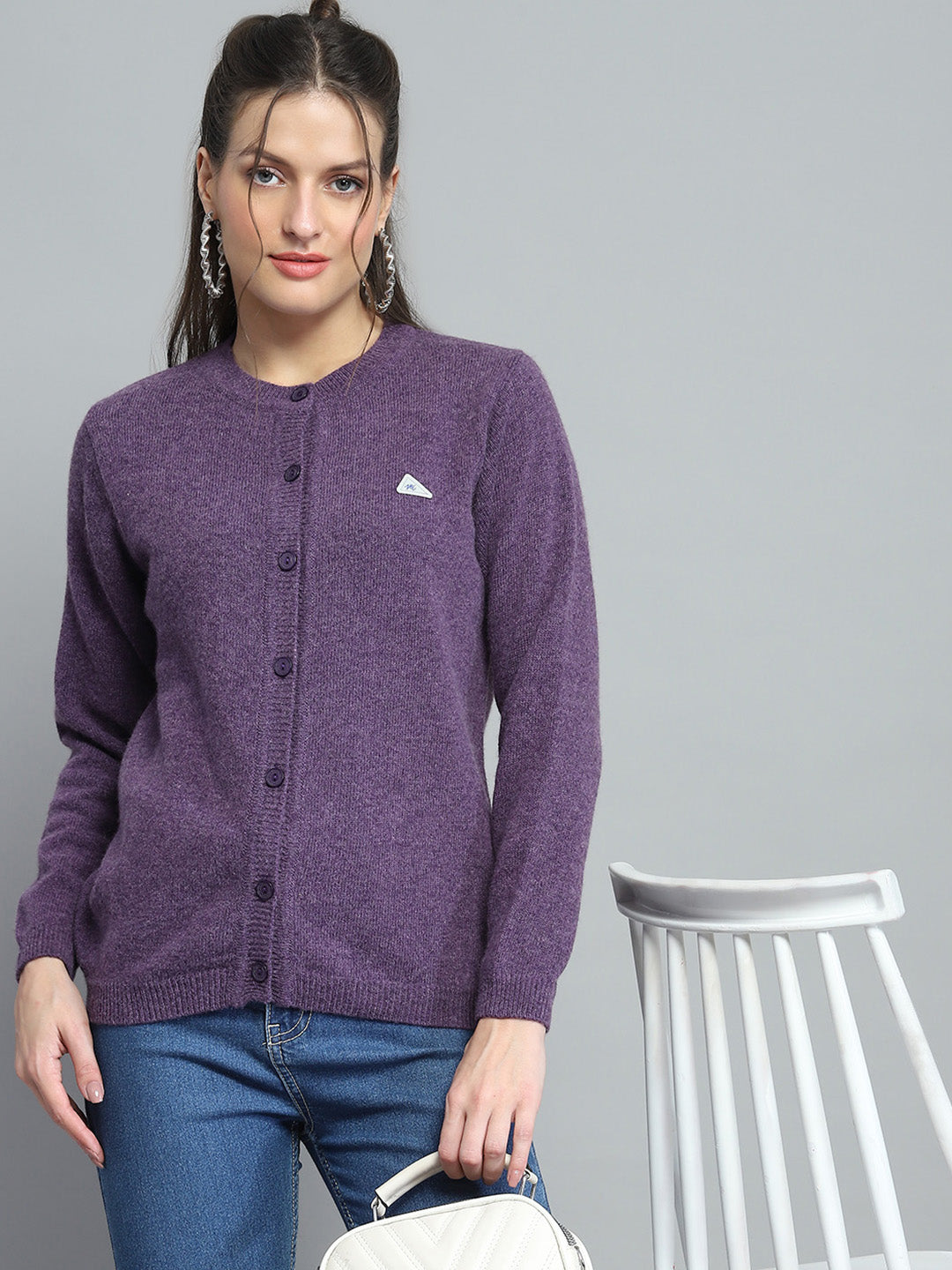 Women Purple Solid Round Neck Full Sleeve Cardigan