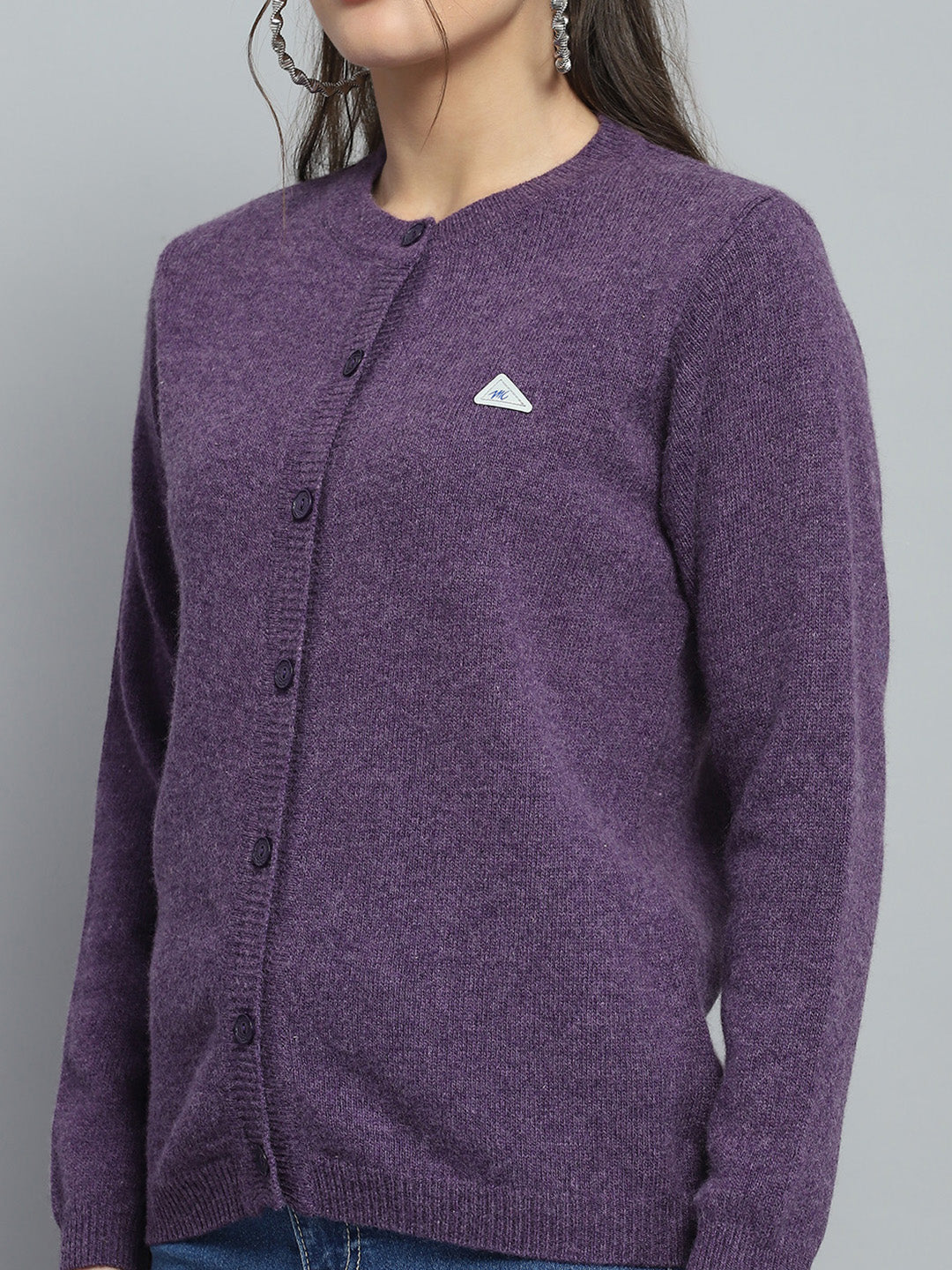 Women Purple Solid Round Neck Full Sleeve Cardigan