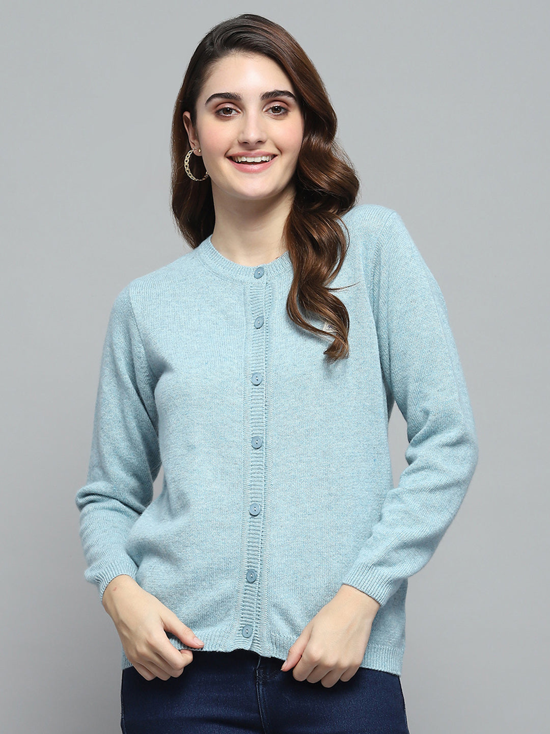 Women Sky Blue Solid Round Neck Full Sleeve Cardigan