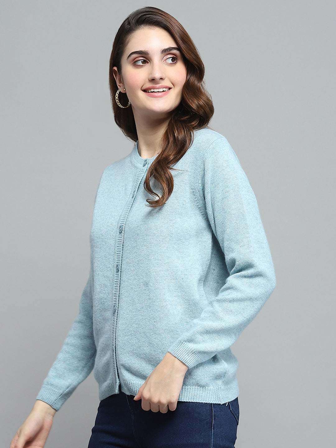 Women Sky Blue Solid Round Neck Full Sleeve Cardigan