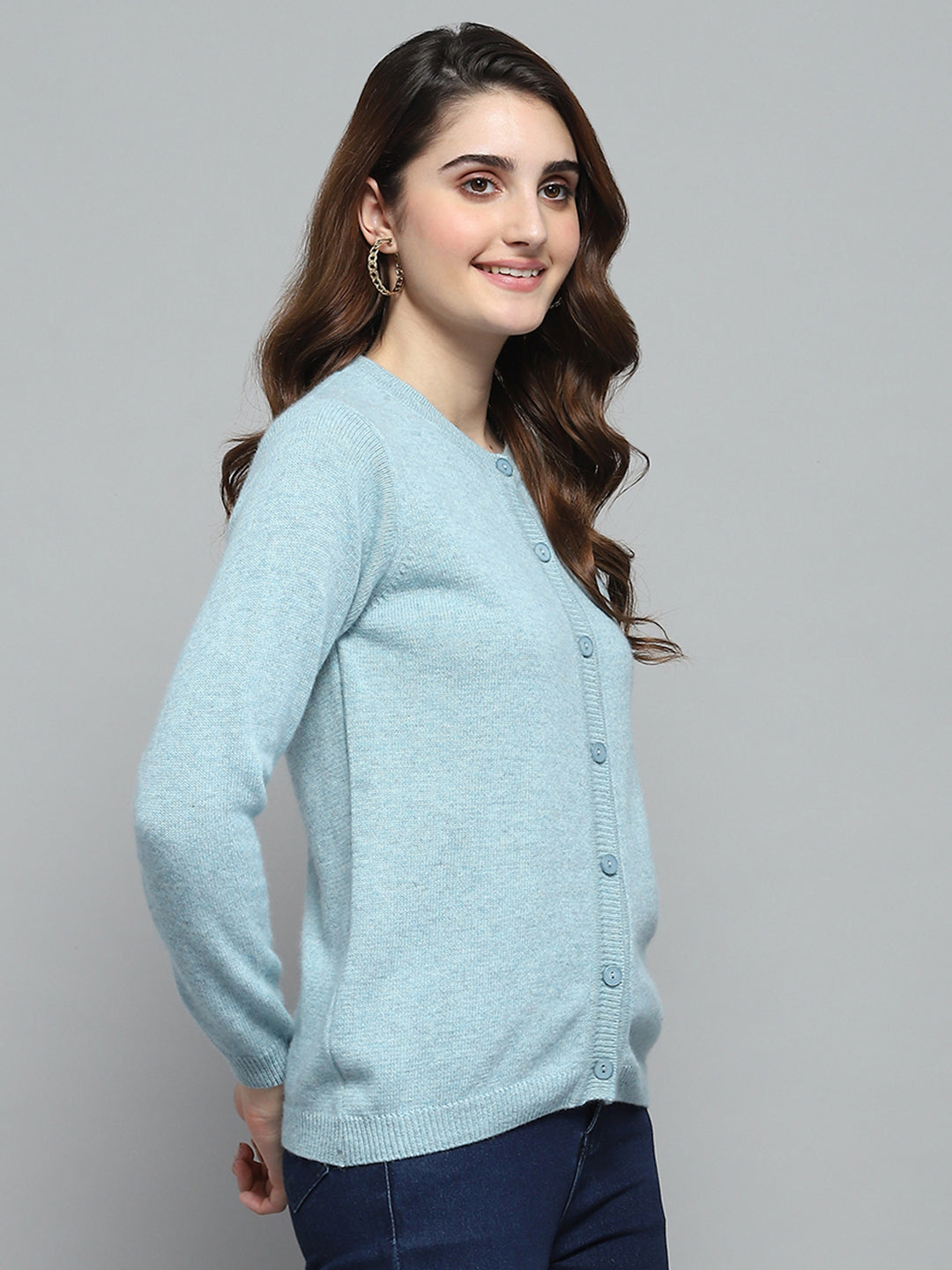 Women Sky Blue Solid Round Neck Full Sleeve Cardigan