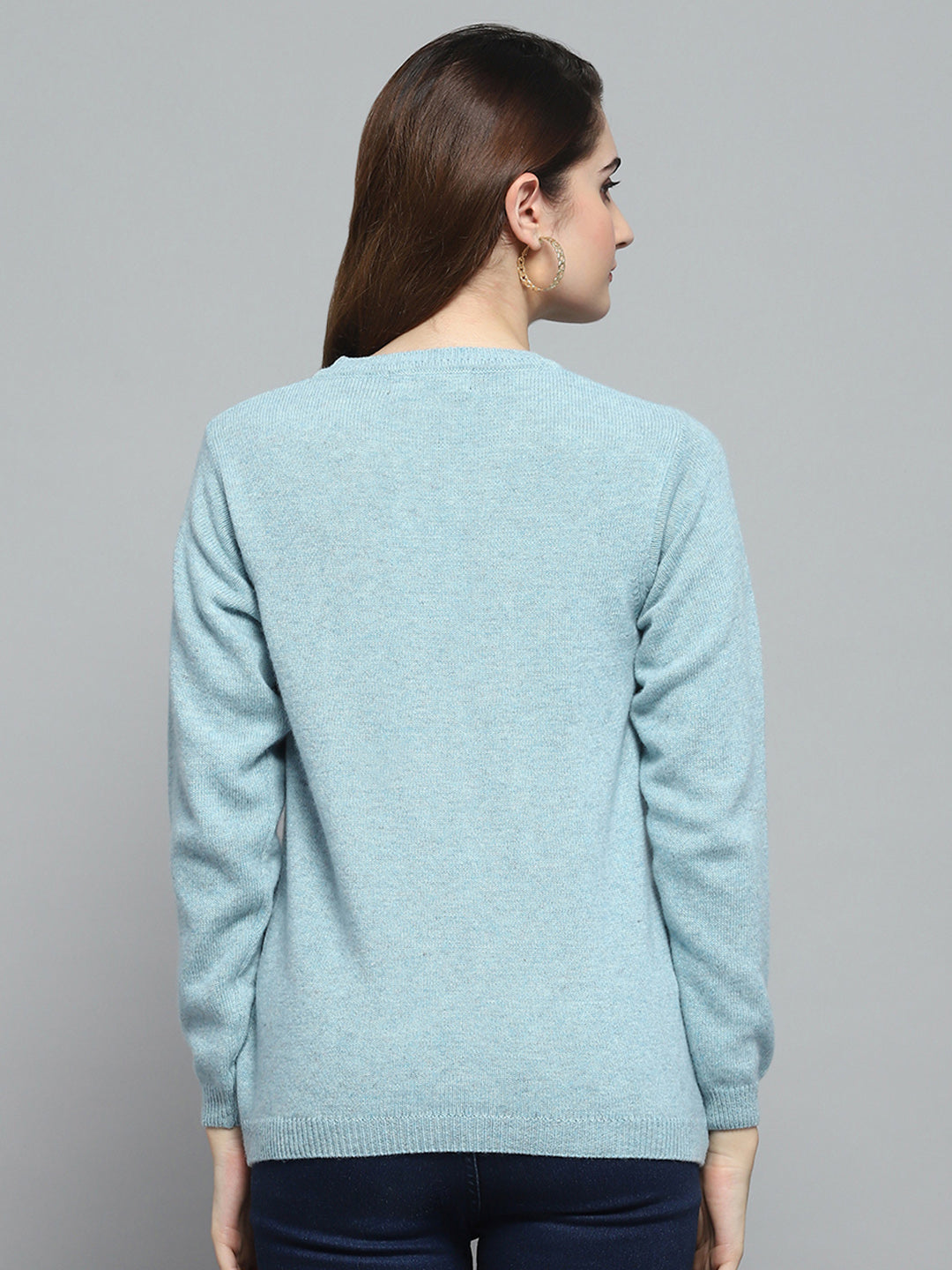 Women Sky Blue Solid Round Neck Full Sleeve Cardigan