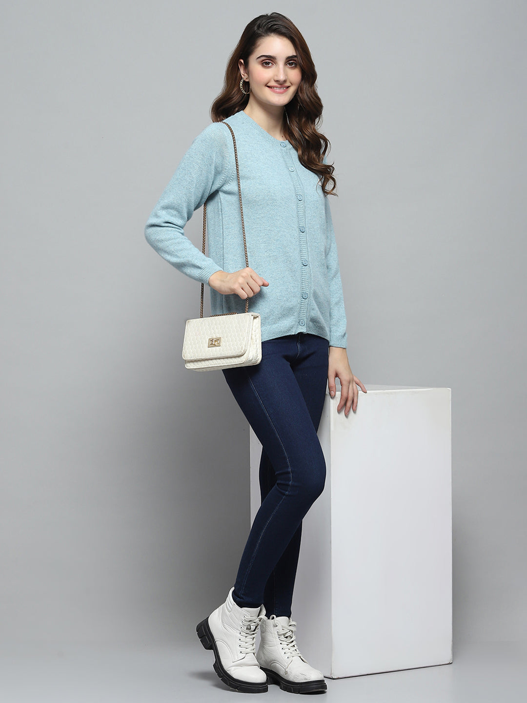 Women Sky Blue Solid Round Neck Full Sleeve Cardigan