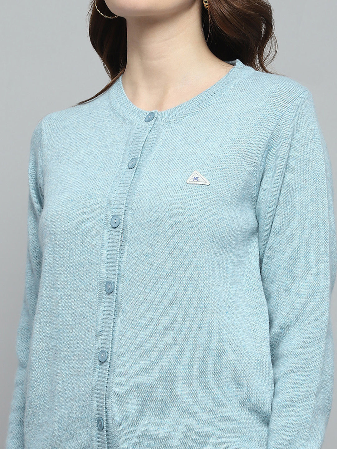 Women Sky Blue Solid Round Neck Full Sleeve Cardigan