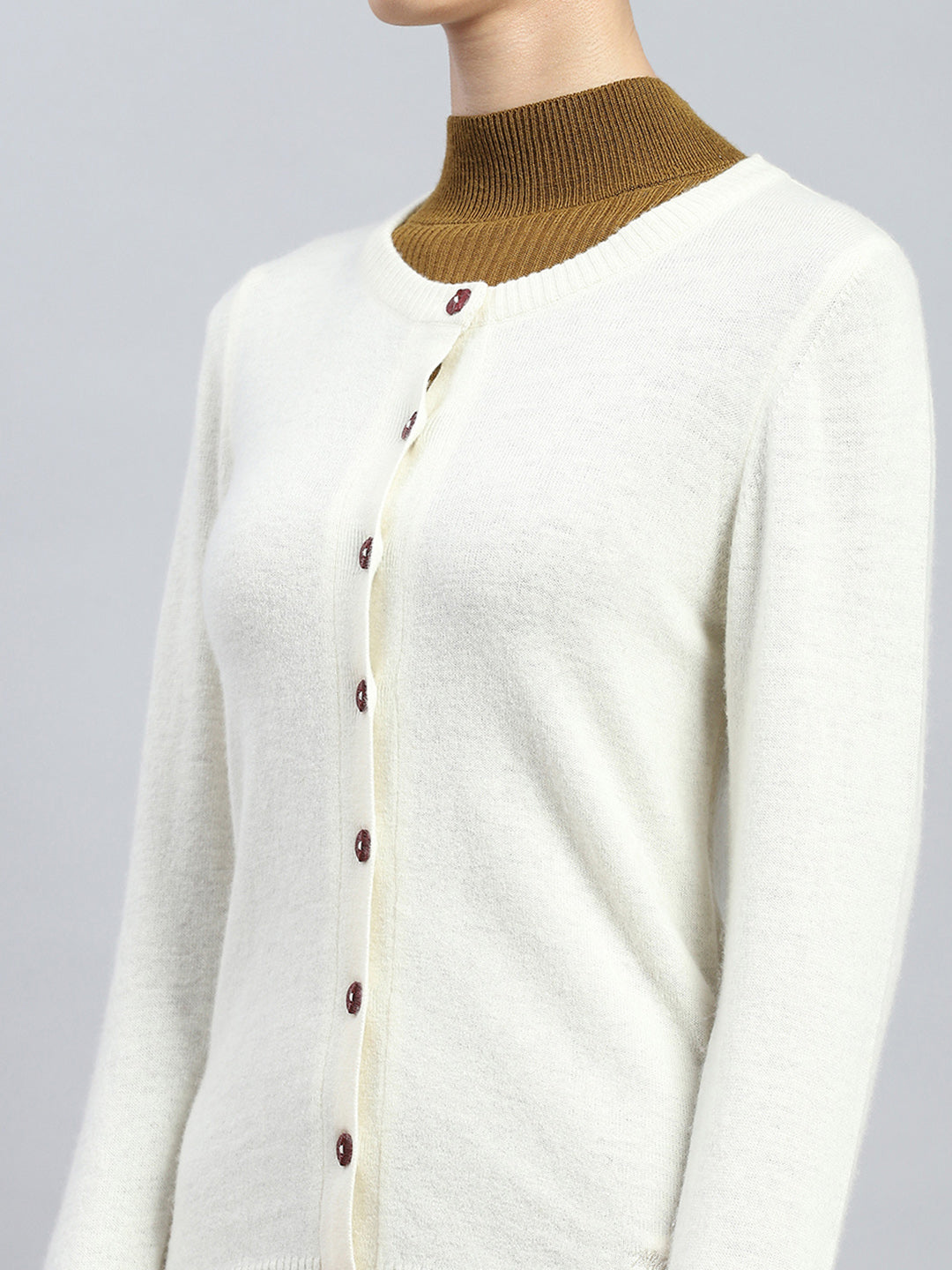 Women Off White Solid Round Neck Full Sleeve Cardigan