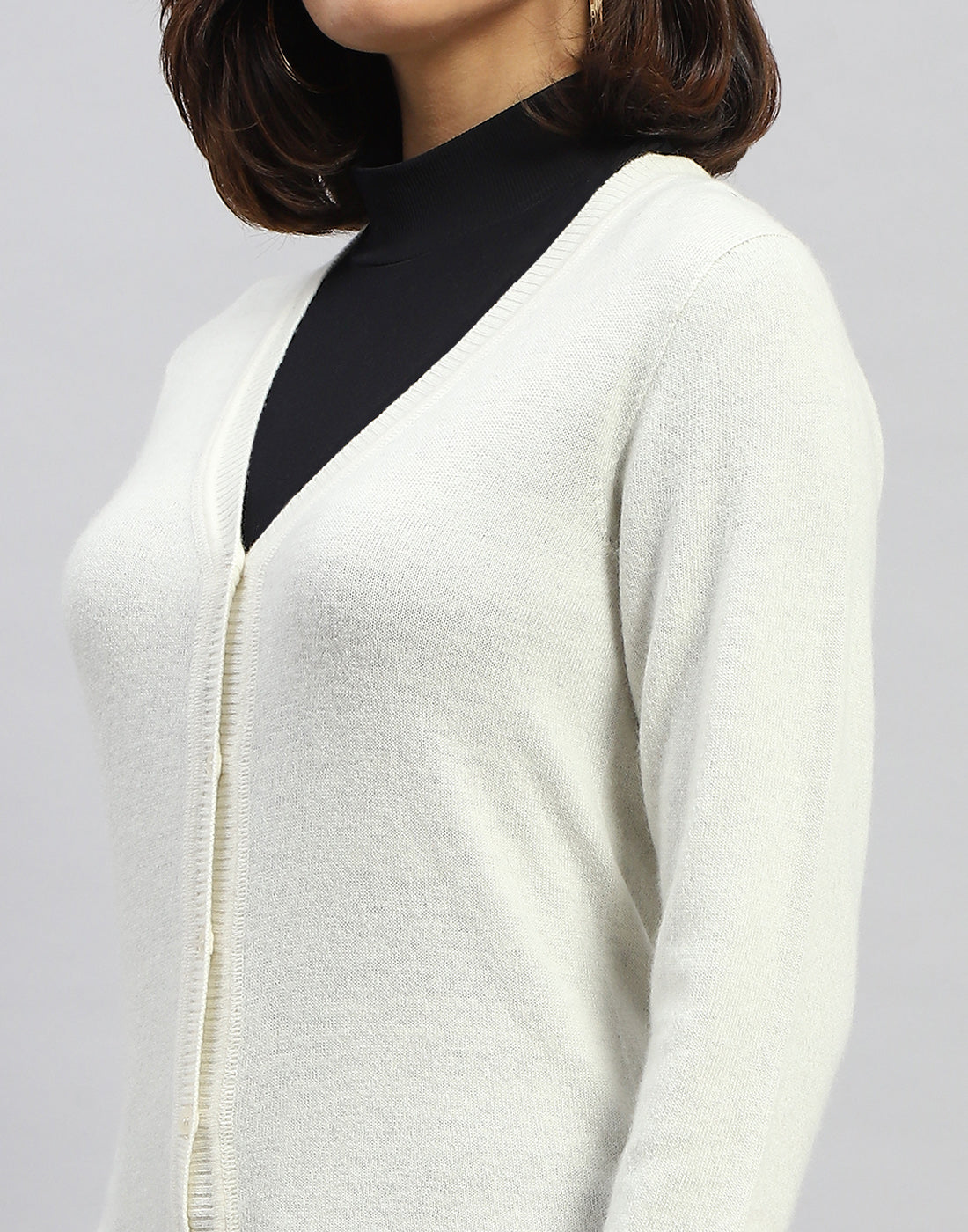 Women Off White Solid V Neck Full Sleeve Cardigan