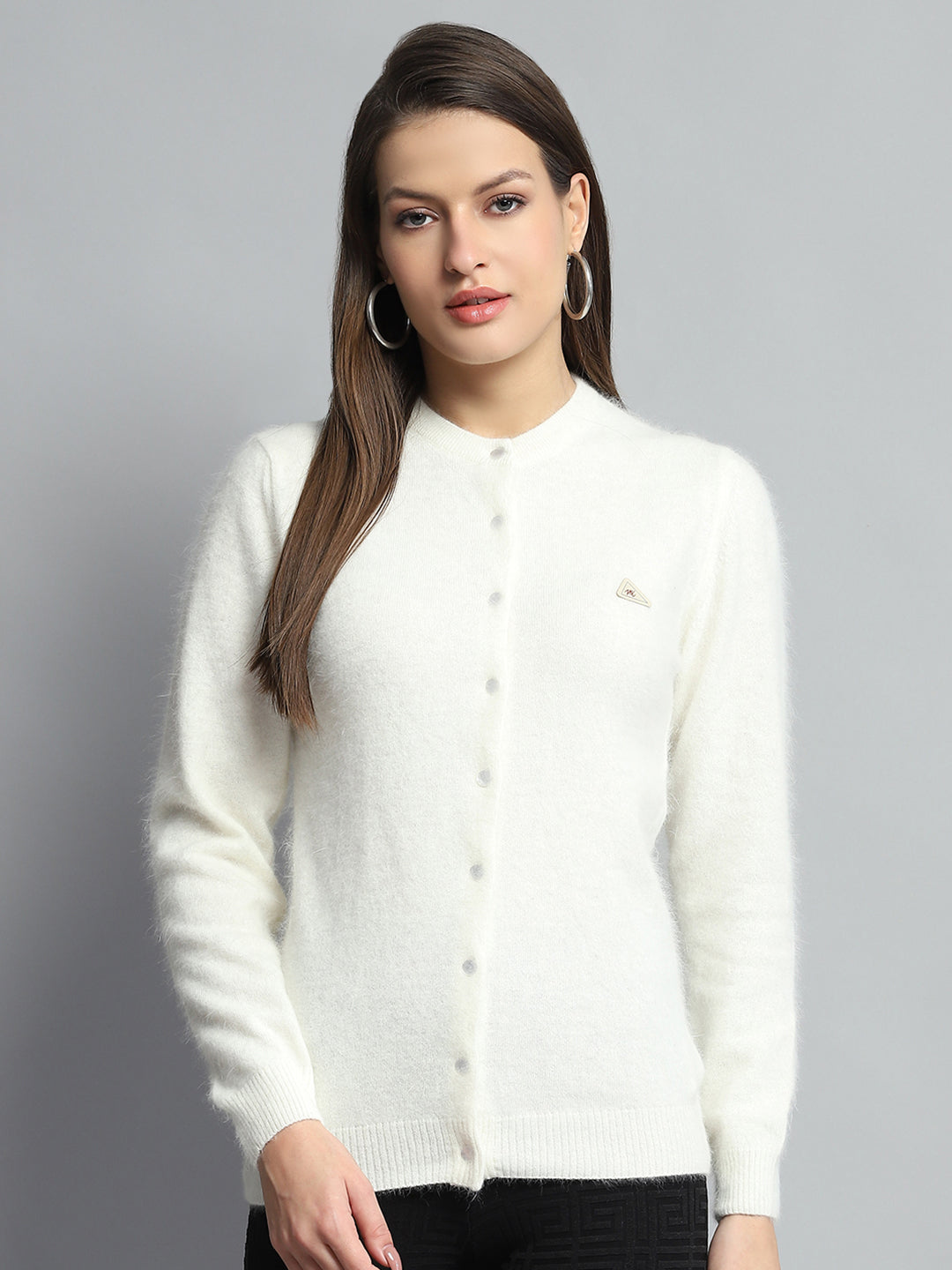 Women Off White Solid Round Neck Full Sleeve Cardigan