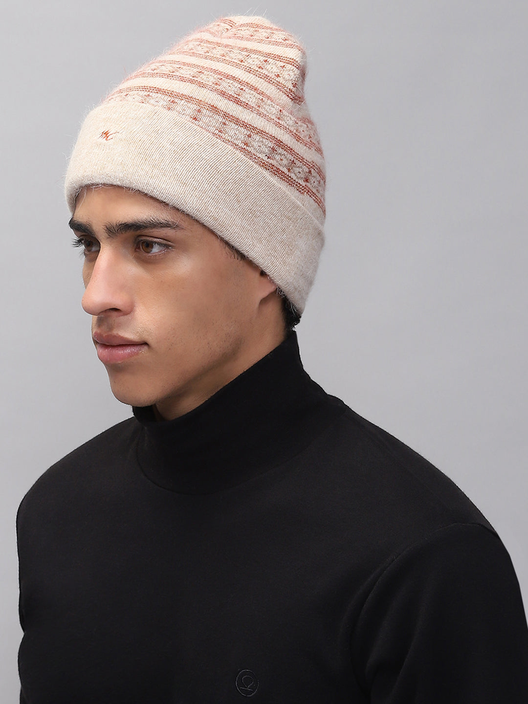 Men Cream Self Design Cap