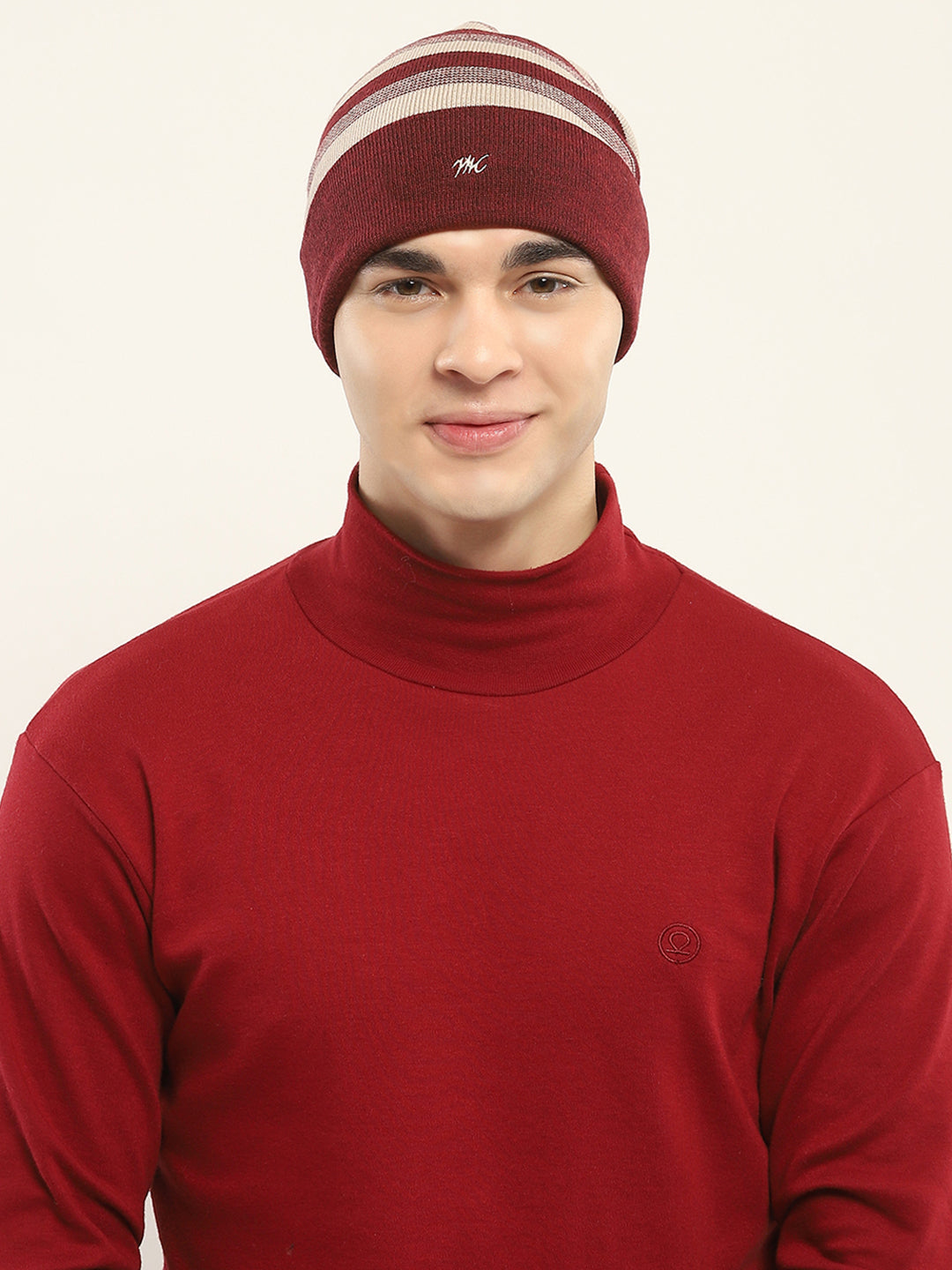 Men Maroon Self Design Cap