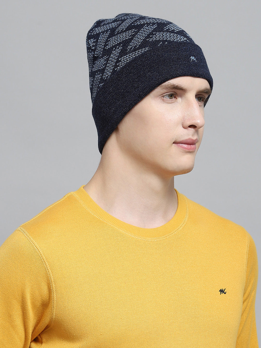 Men Navy Blue Self Design Cap