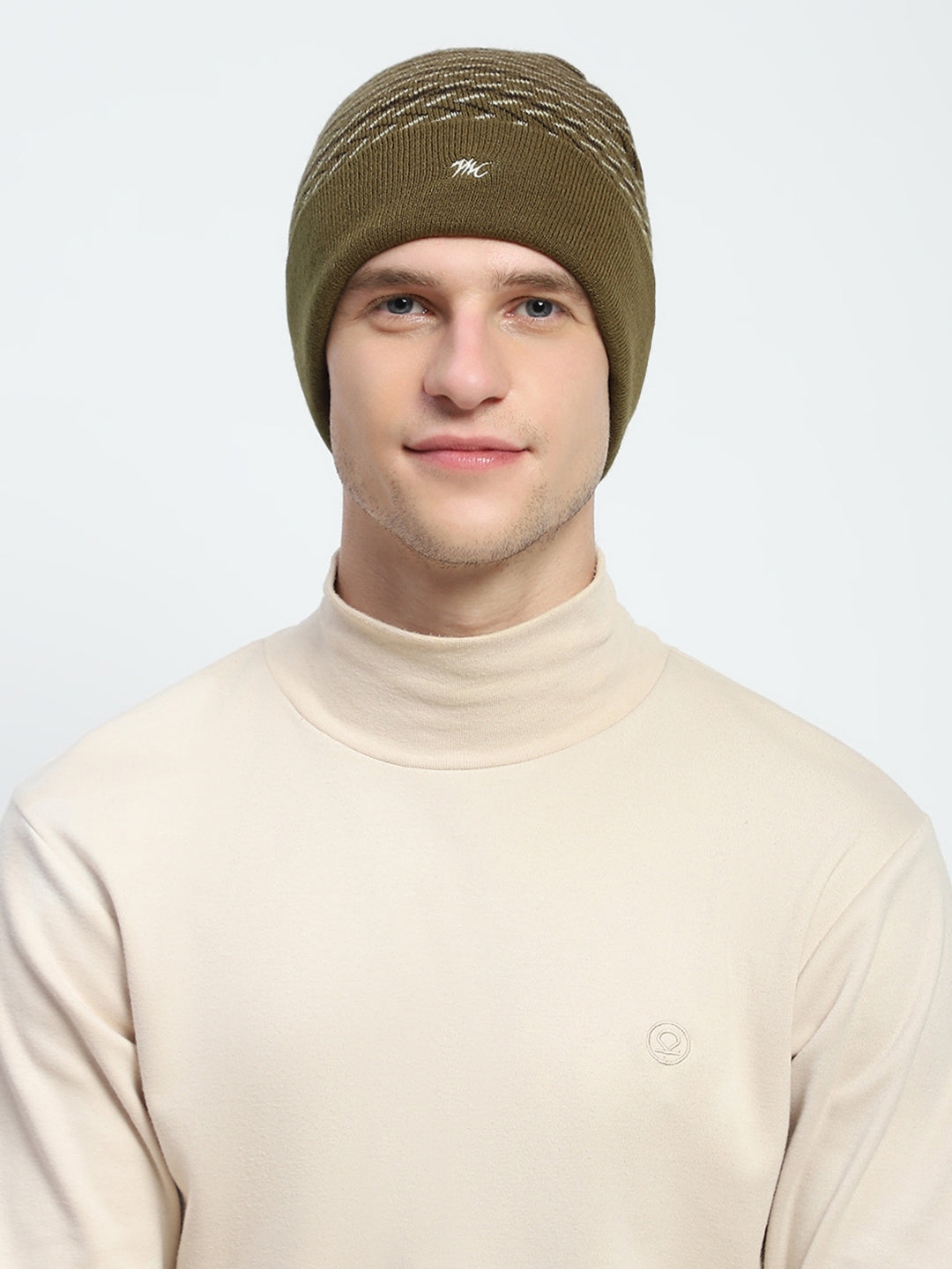 Men Olive Self Design Cap