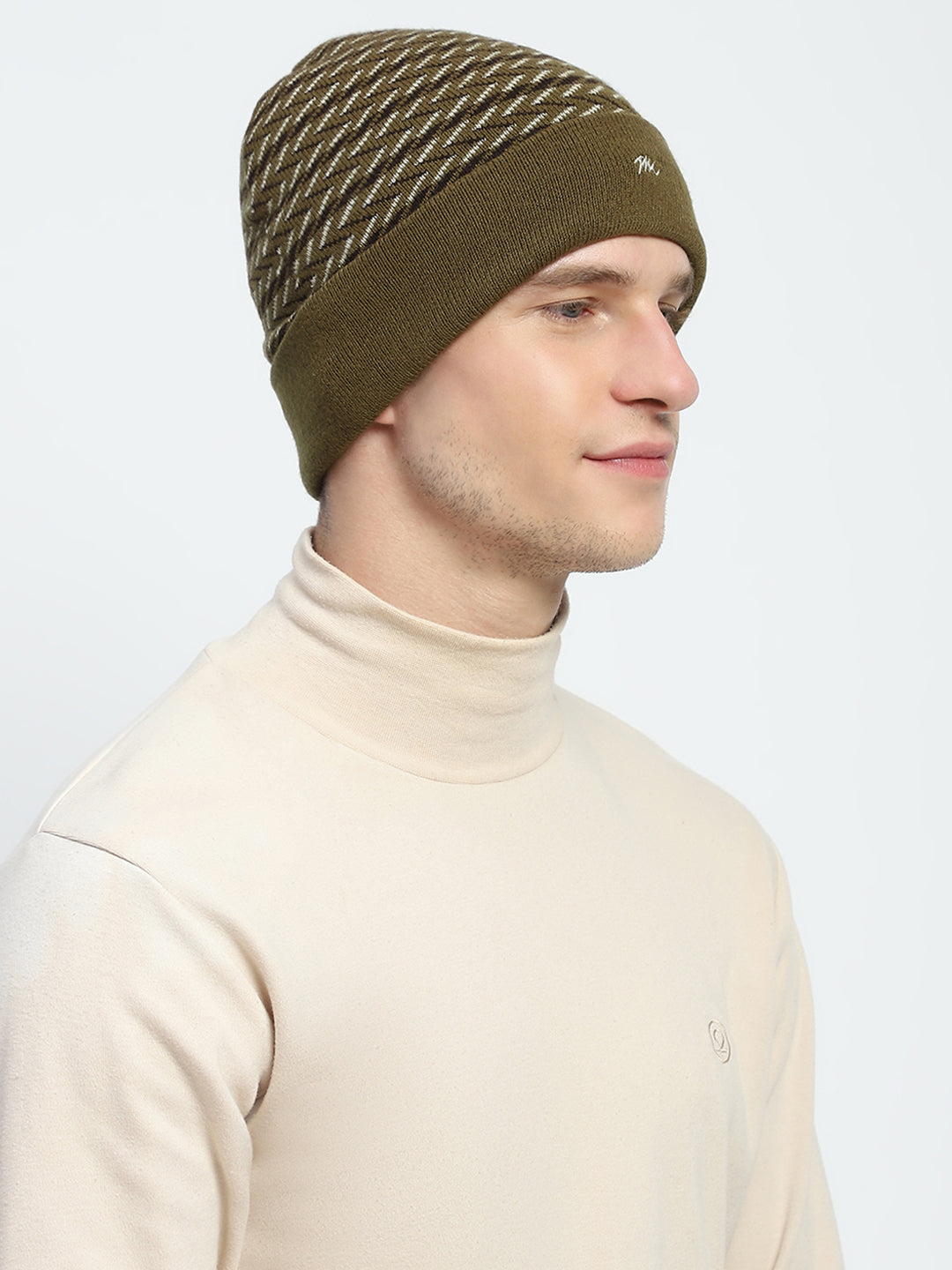 Men Olive Self Design Cap