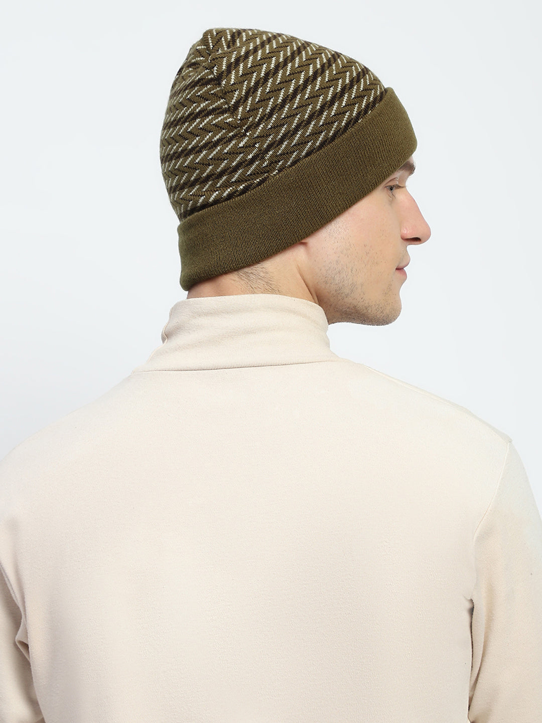Men Olive Self Design Cap